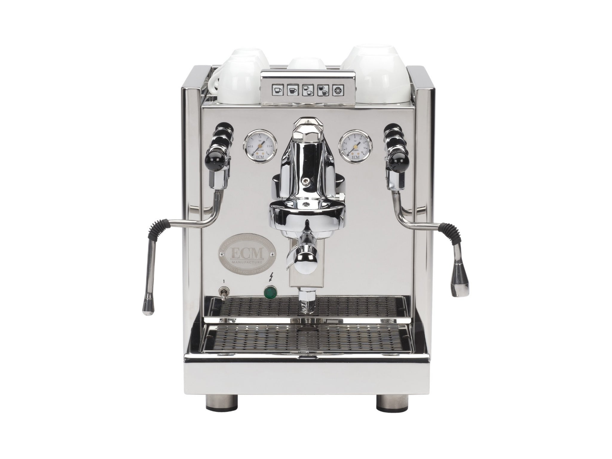 ECM Elektronika II Profi Rotary 1 Group Espresso Coffee Machine Stainless – New on white background, front view with cups on cup warming tray, highlighting E61 group head, steam wand, and rotary pump interface.