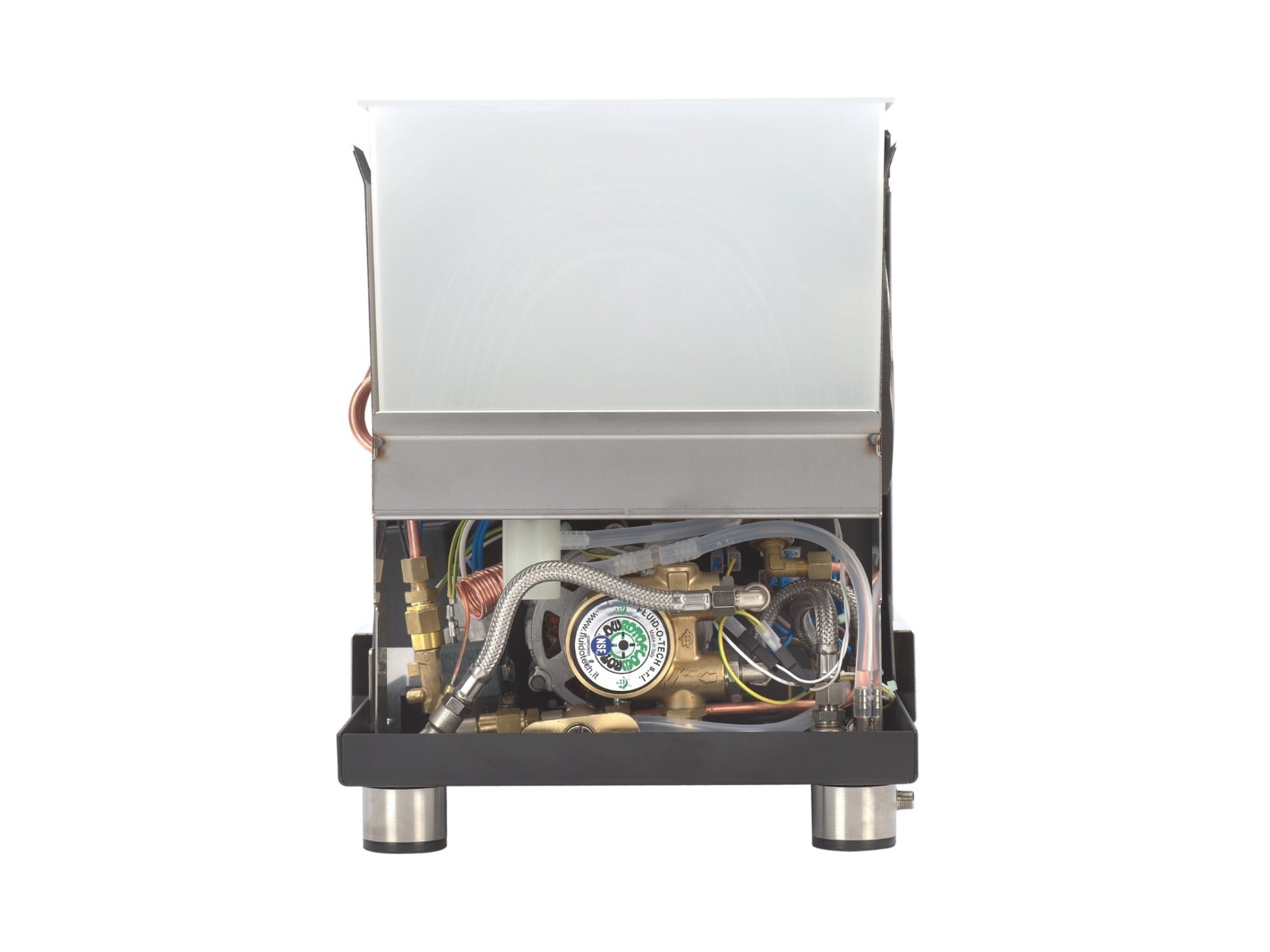 ECM Elektronika II Profi Rotary 1 Group Espresso Coffee Machine Stainless – New on white background, rear view showing exposed connections, rotary pump, and water inlets.