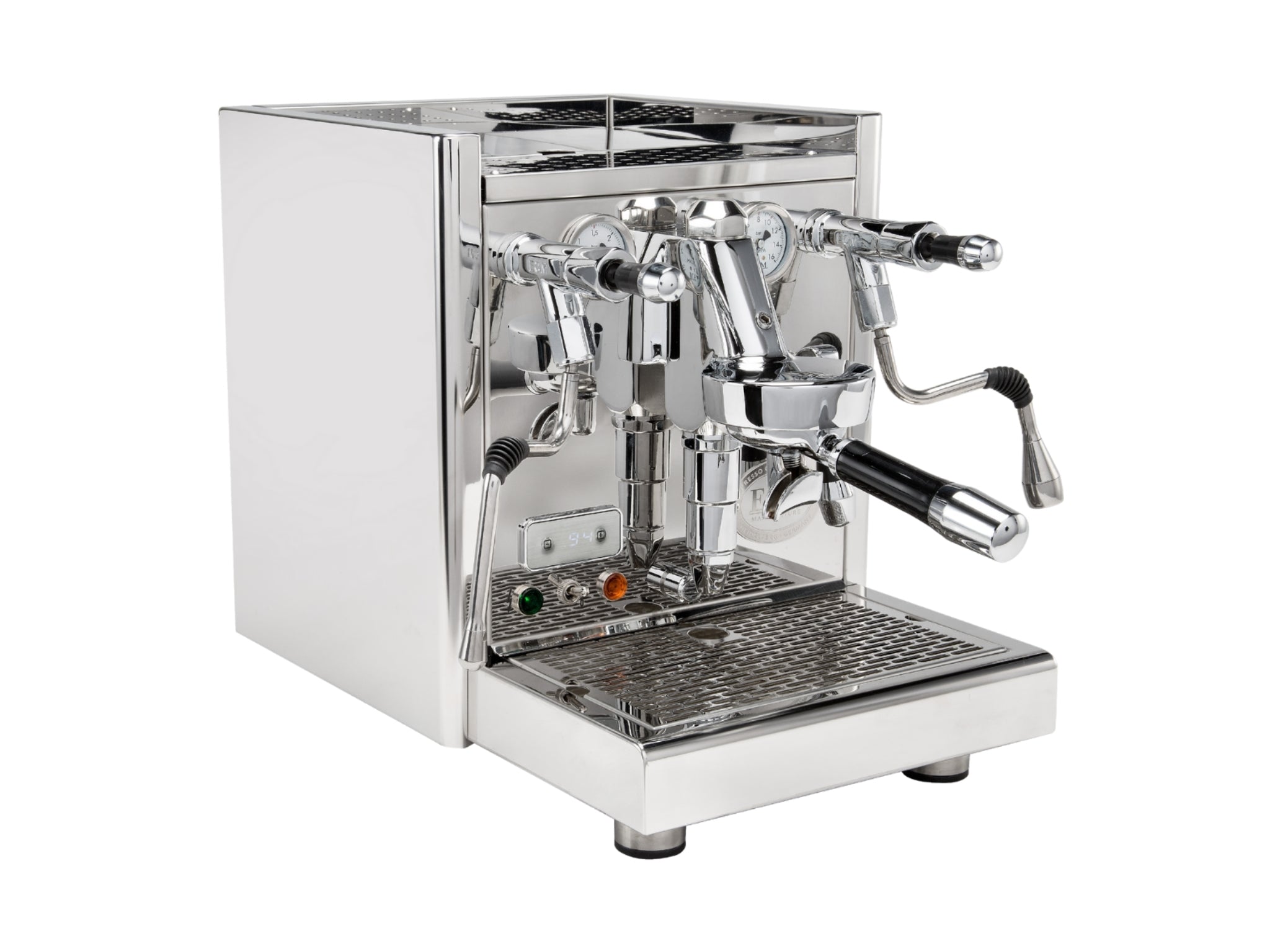ECM Technika V Profi Rotary PID 1 Group Coffee Machine Stainless – New espresso coffee machine angled view on a plain white background, showing the E61 group head, dual gauges, and stainless steam wand