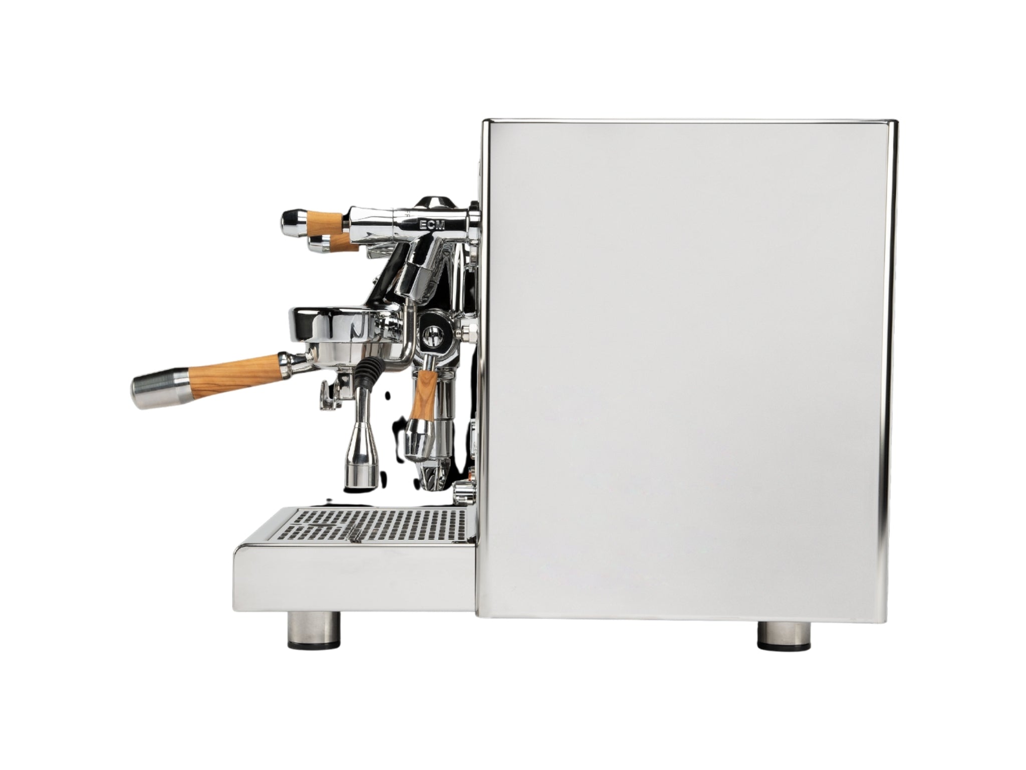 Side profile of the ECM Technika V Profi Rotary PID 1 Group Coffee Machine Stainless – New espresso coffee machine on a white background, showing the mirror-finish panels, steam wand, and solid build quality.