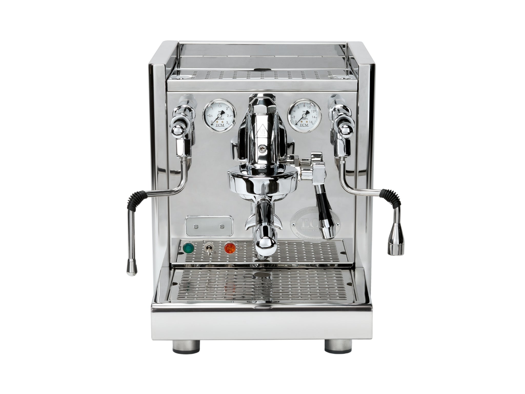 ECM Technika V Profi Rotary PID 1 Group Coffee Machine Stainless – New espresso coffee machine front view with the top visible on a white background, featuring the cup-warming tray, E61 group head, and stainless finish.