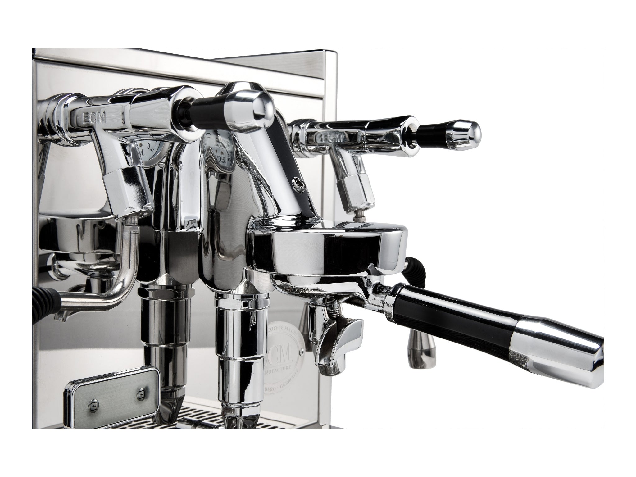 “Close-up angled view of the ECM Technika V Profi Rotary PID 1 Group Coffee Machine Stainless – New espresso coffee machine on a white background, highlighting the stainless steel finish, group head, and control levers.”