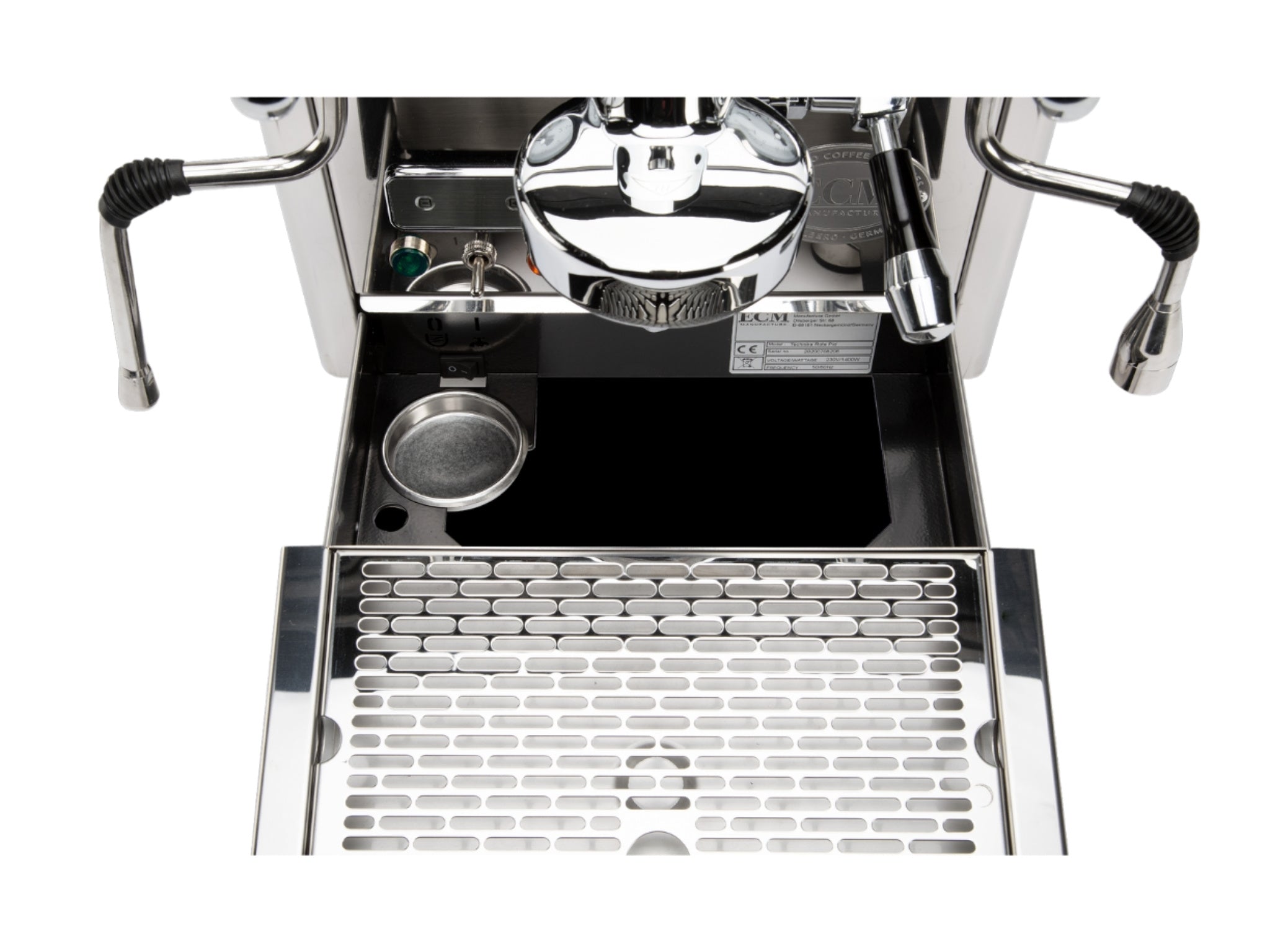 Top-down close-up of ECM Classika PID 1 Group Espresso Coffee Machine Stainless on a plain white background, showing the drip tray pulled out, E61 group head, PID display, and stainless steel body details.