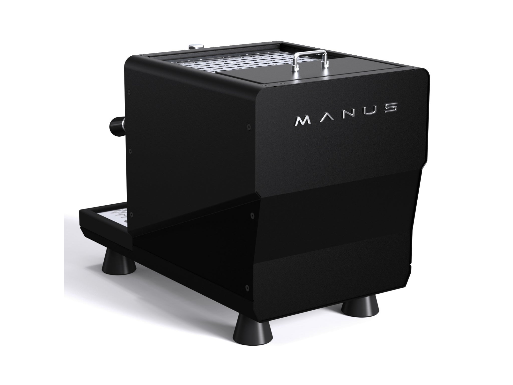 Rear view of El Rocio Manus S by Pesado 1 Group espresso coffee machine in black finish on plain white background – showing vent and rear panel details.