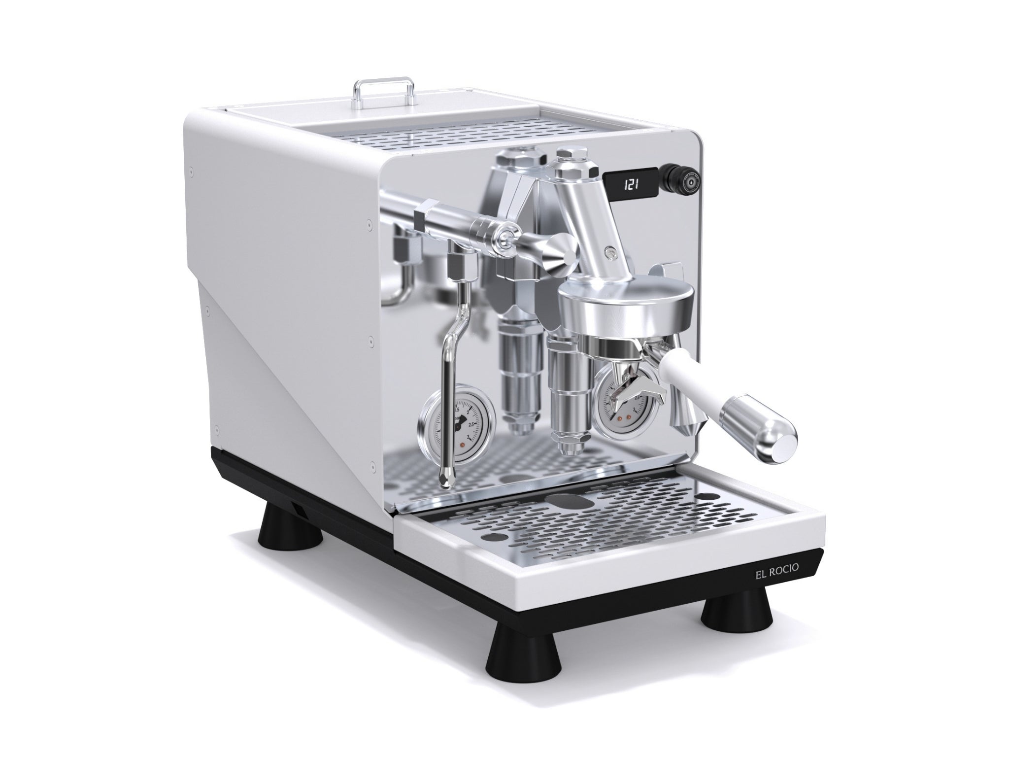 El Rocio Manus S by Pesado 1 Group coffee machine in white finish on plain white background – angled view showing portafilter, steam wand, and control panel.