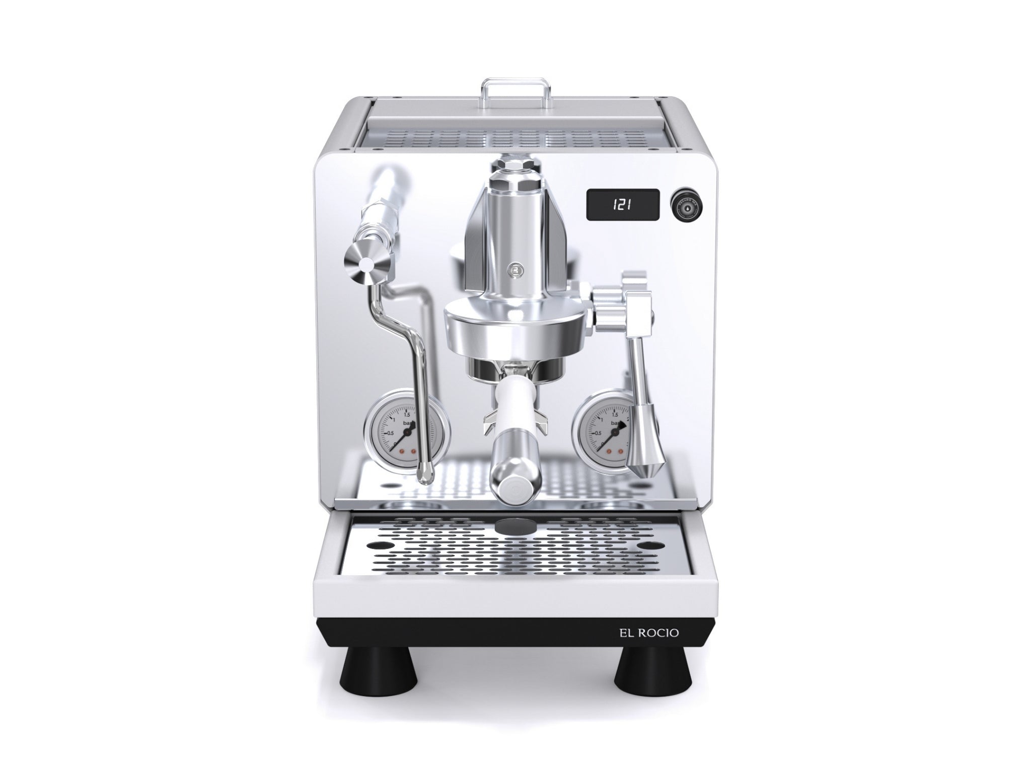 El Rocio Manus S by Pesado 1 Group white espresso coffee machine on white background – front view showing group head, dual gauges, and steam wand.