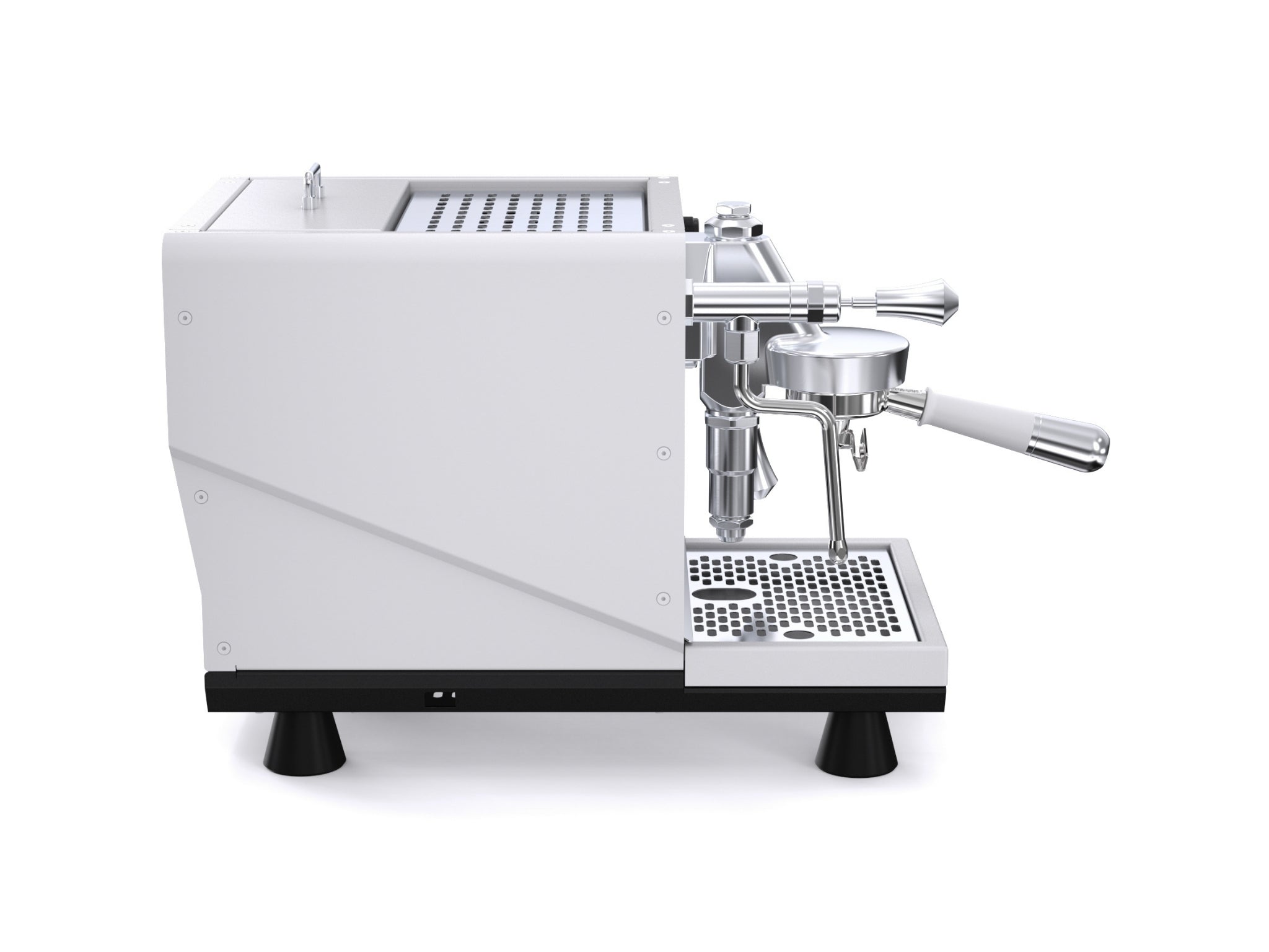 Side profile of El Rocio Manus S by Pesado 1 Group white espresso coffee machine on white background – showing water tank panel and stainless steel wand.