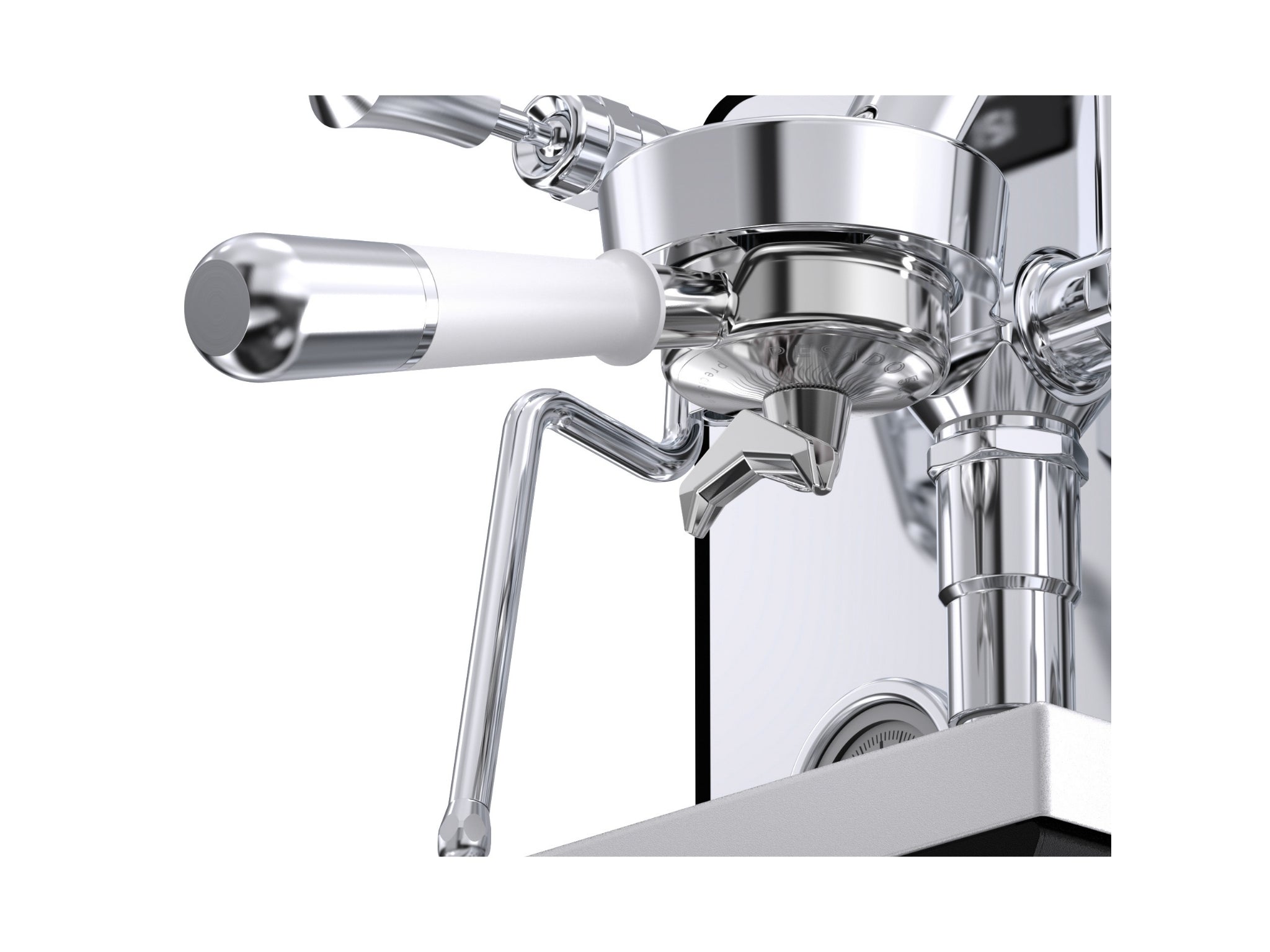 El Rocio Manus S by Pesado 1 Group espresso coffee machine white – close-up of group head and portafilter on plain white background.