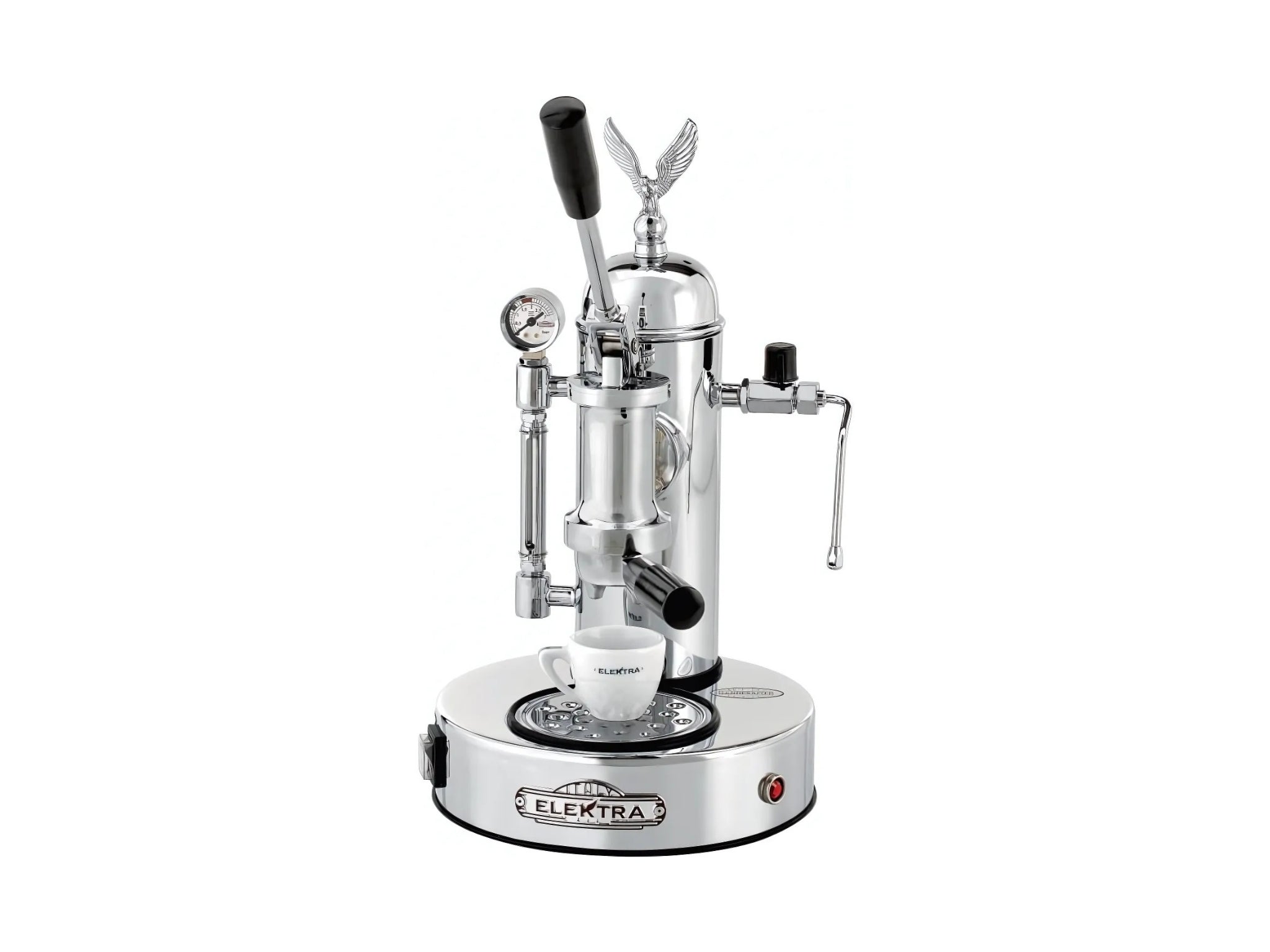 A brand new Elektra Micro Casa Leva 1 Group Coffee Machine with Chrome finish on a white background. The machine is photographed from the front making and group head and logo at bottom of the machine visible.