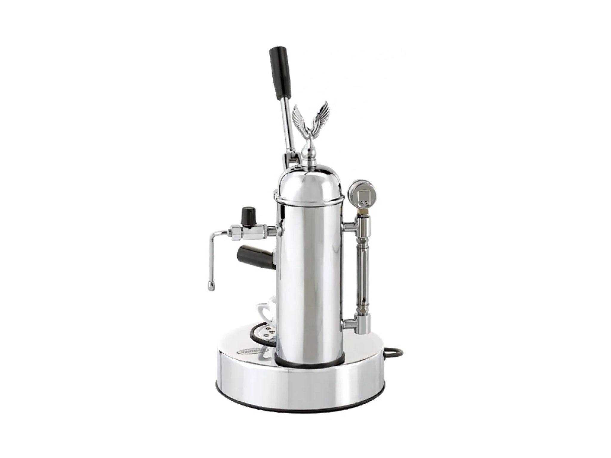 A brand new Elektra Micro Casa Leva 1 Group Coffee Machine with Chrome finish on a white background. The machine is photographed from behind, the back of the machine is visible
