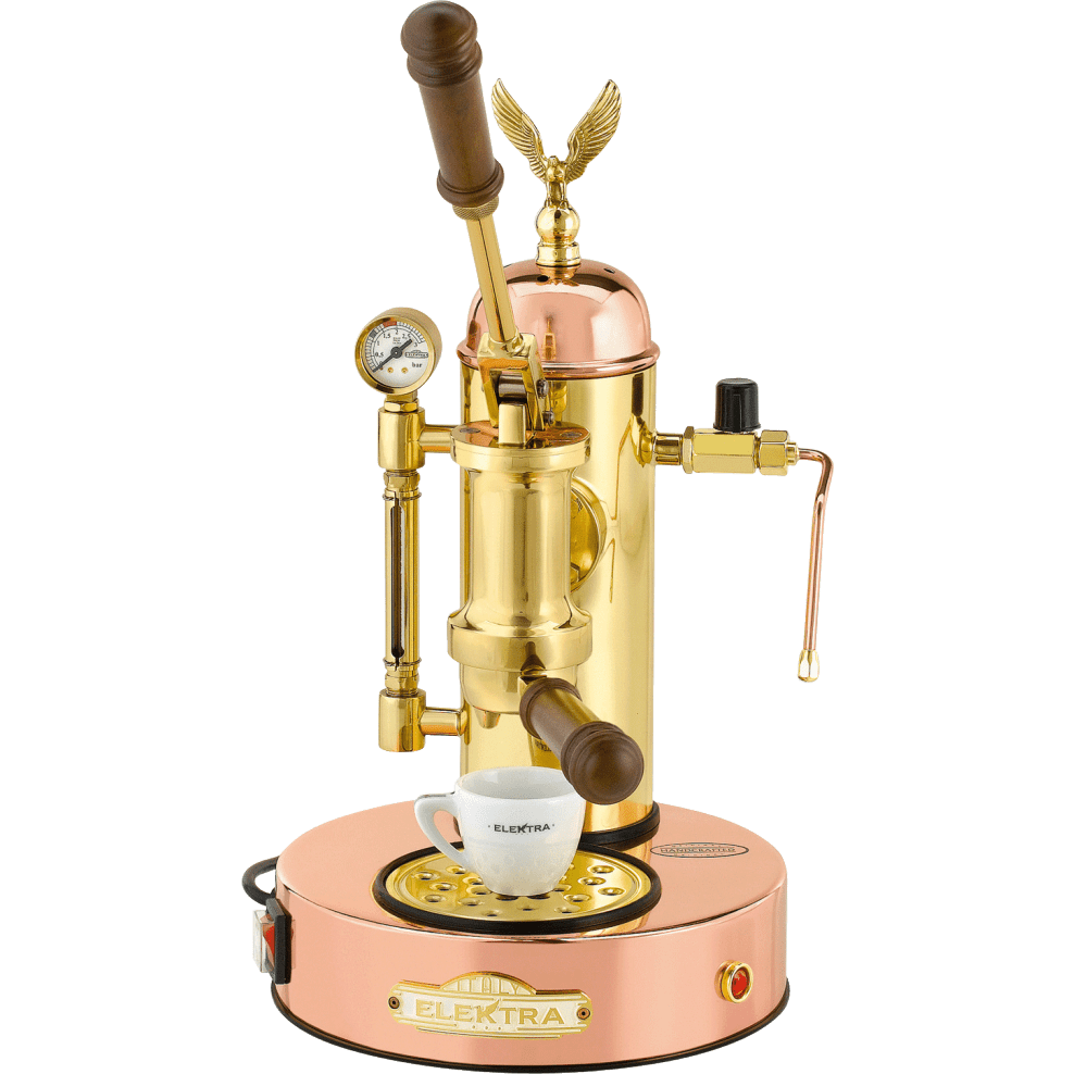 A new Elektra Micro Casa Leva 1 Group Coffee Machine in Bronze & Gold on a white background. The machine is photographed from the front making the controls and group head visible.