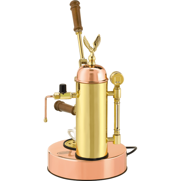 A new Elektra Micro Casa Leva 1 Group Coffee Machine in Bronze & Gold on a white background. The machine is photographed from behind.
