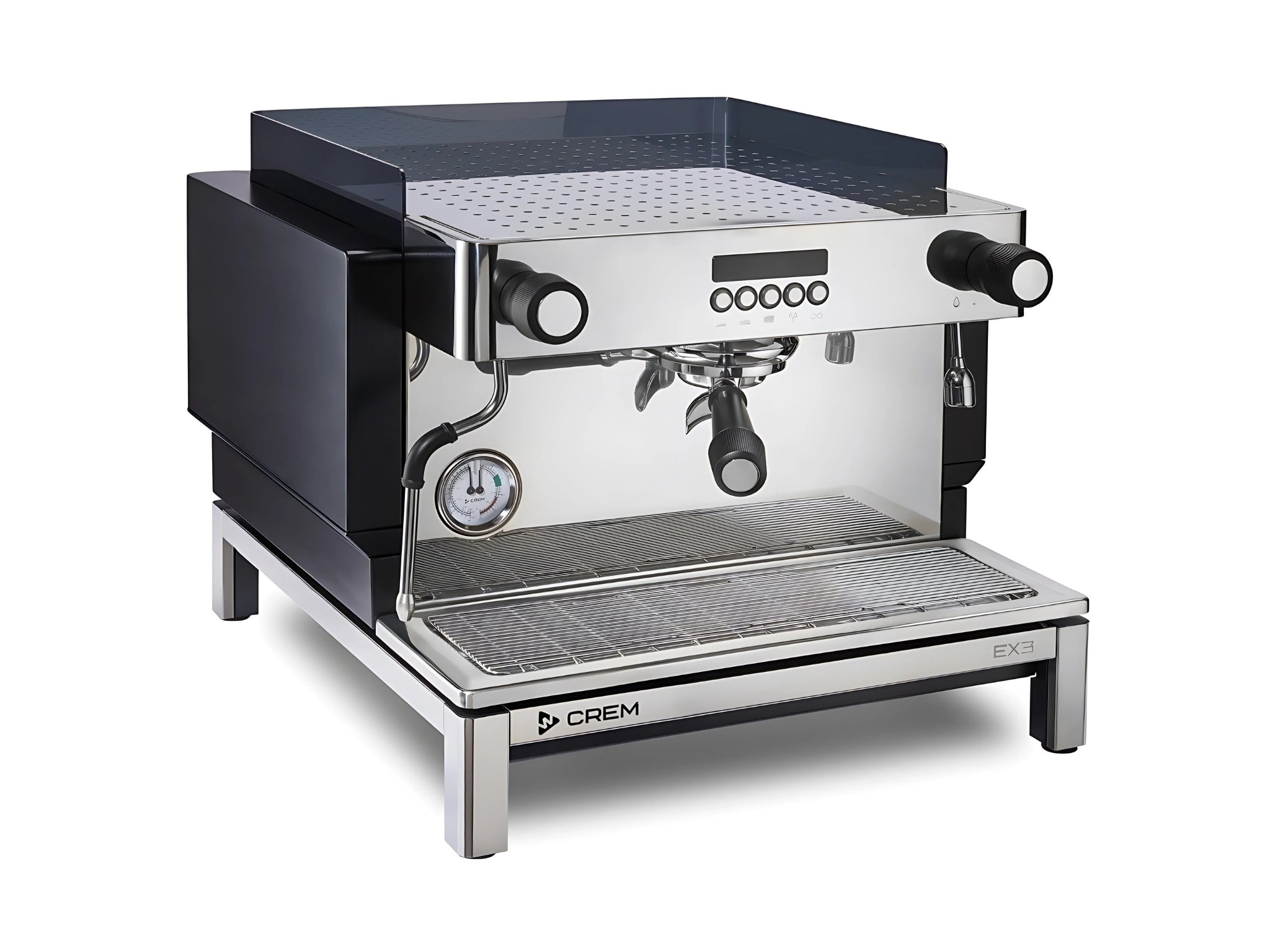 Expobar Crem EX3 Compact 1 Group Coffee Machine Black - New shown from a high angled perspective, revealing the top tray, cup storage surface, and control interface. The matte black espresso coffee machine offers a compact footprint with professional-grade features and a sleek, modern finish.