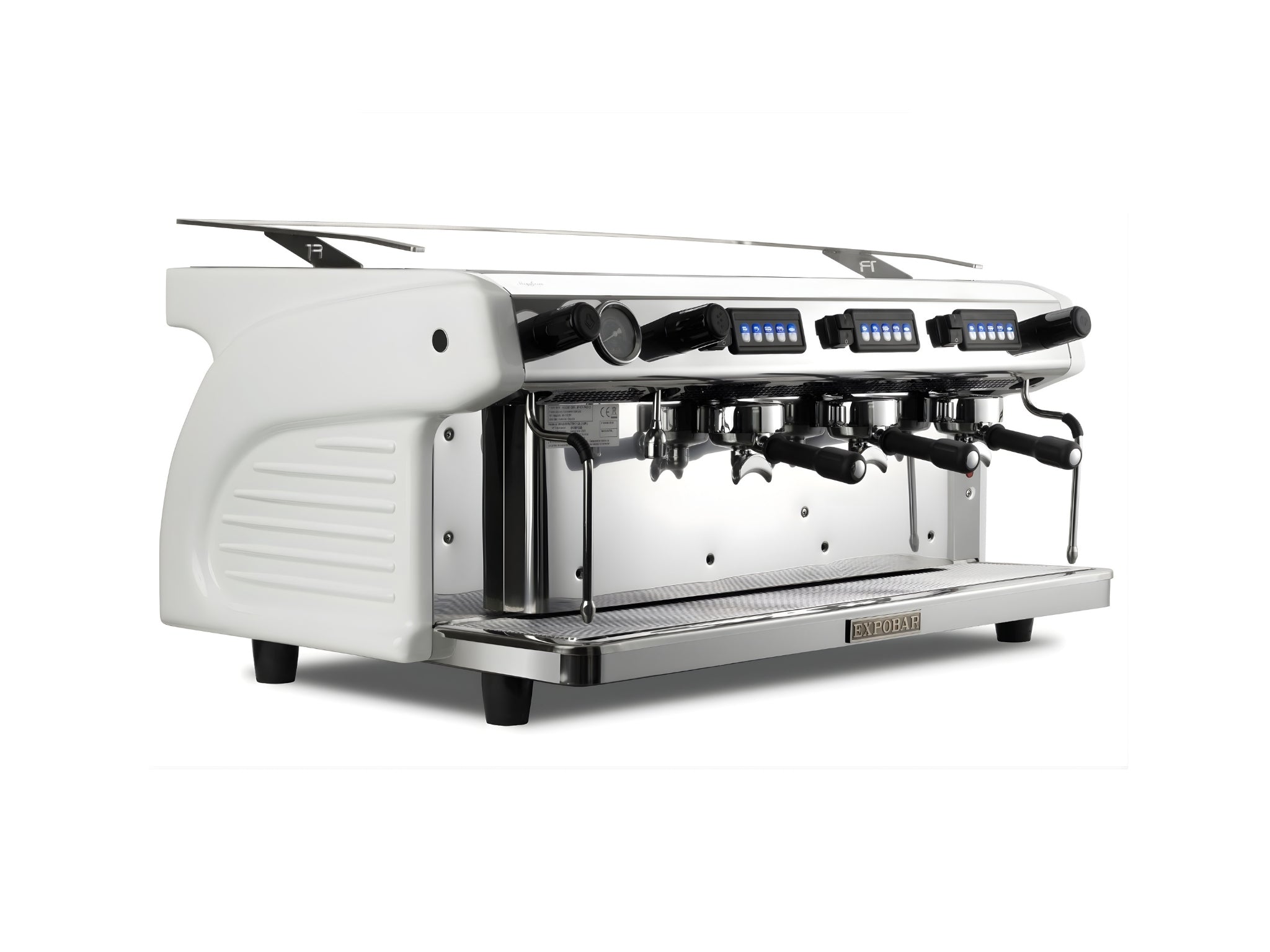 Expobar Ruggero Classic V2.0 3 Group Espresso Coffee Machine White angled view on a clean white background, showing group heads, dual steam wands, and cup tray.