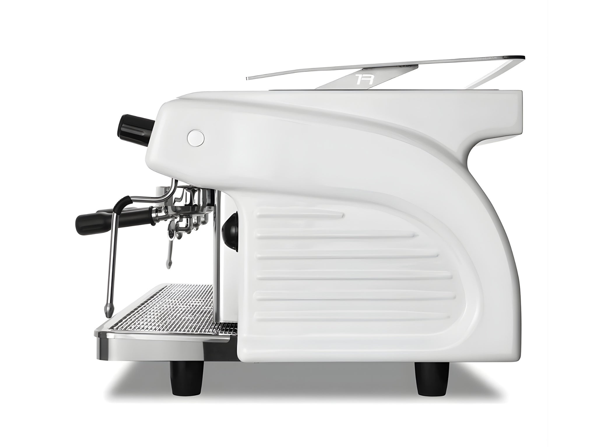 xpobar Ruggero Classic V2.0 3 Group Espresso Coffee Machine White side view, showing body finish and steam wands on a white background.