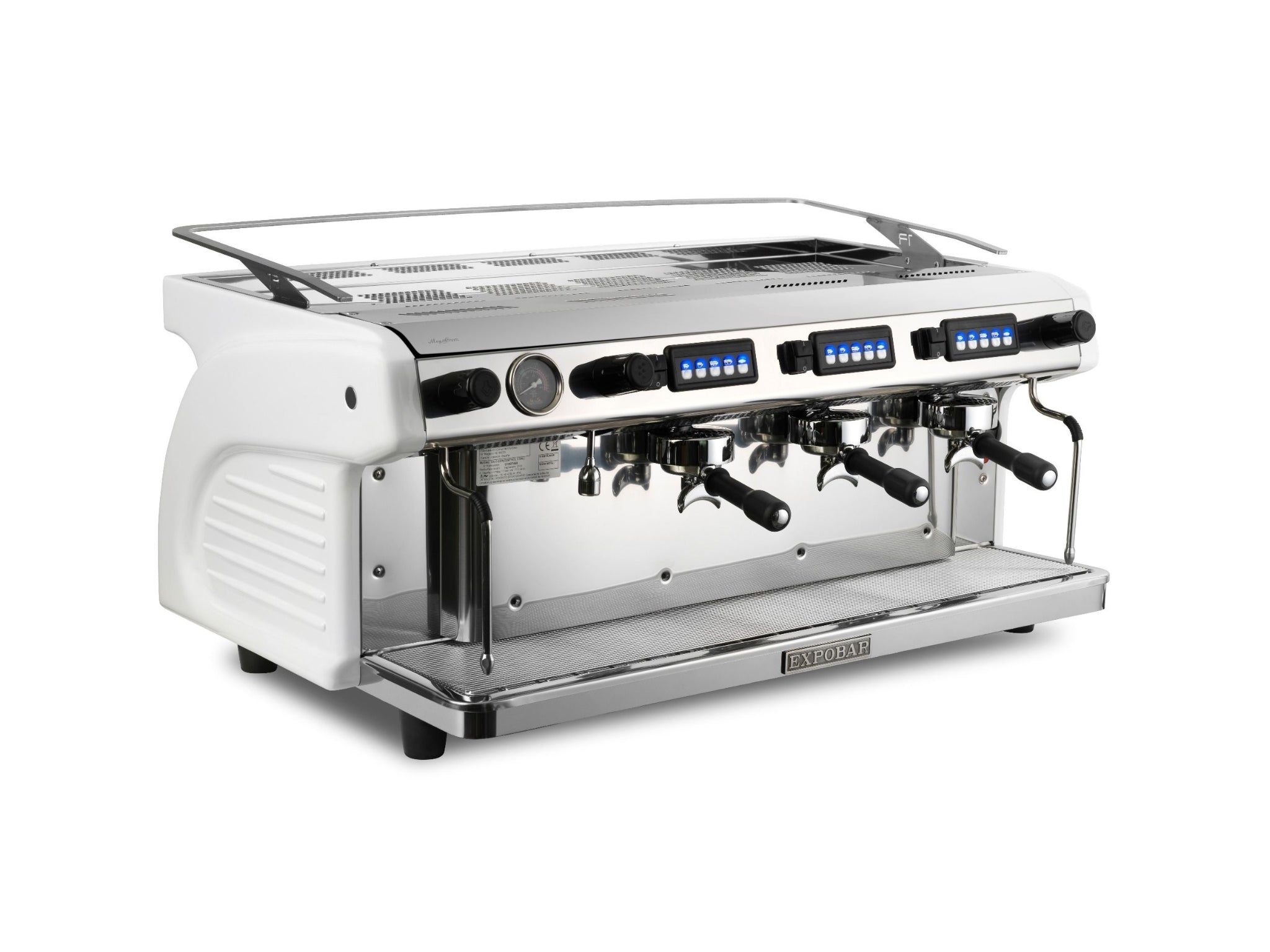 Expobar Ruggero Classic V2.0 3 Group High Cup Multiboiler espresso coffee machine – front angle view on white background, showing dual steam wands and illuminated signage.