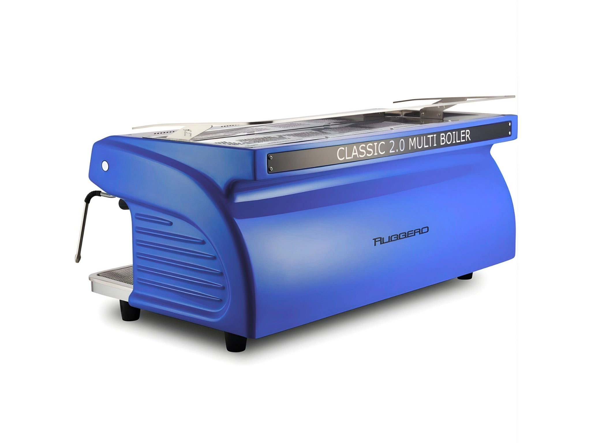 Expobar Ruggero Classic V2.0 3 Group Espresso Coffee Machine Multiboiler Dark Blue – New, angled back view on a white background, showing the fibreglass body of the espresso coffee machine.