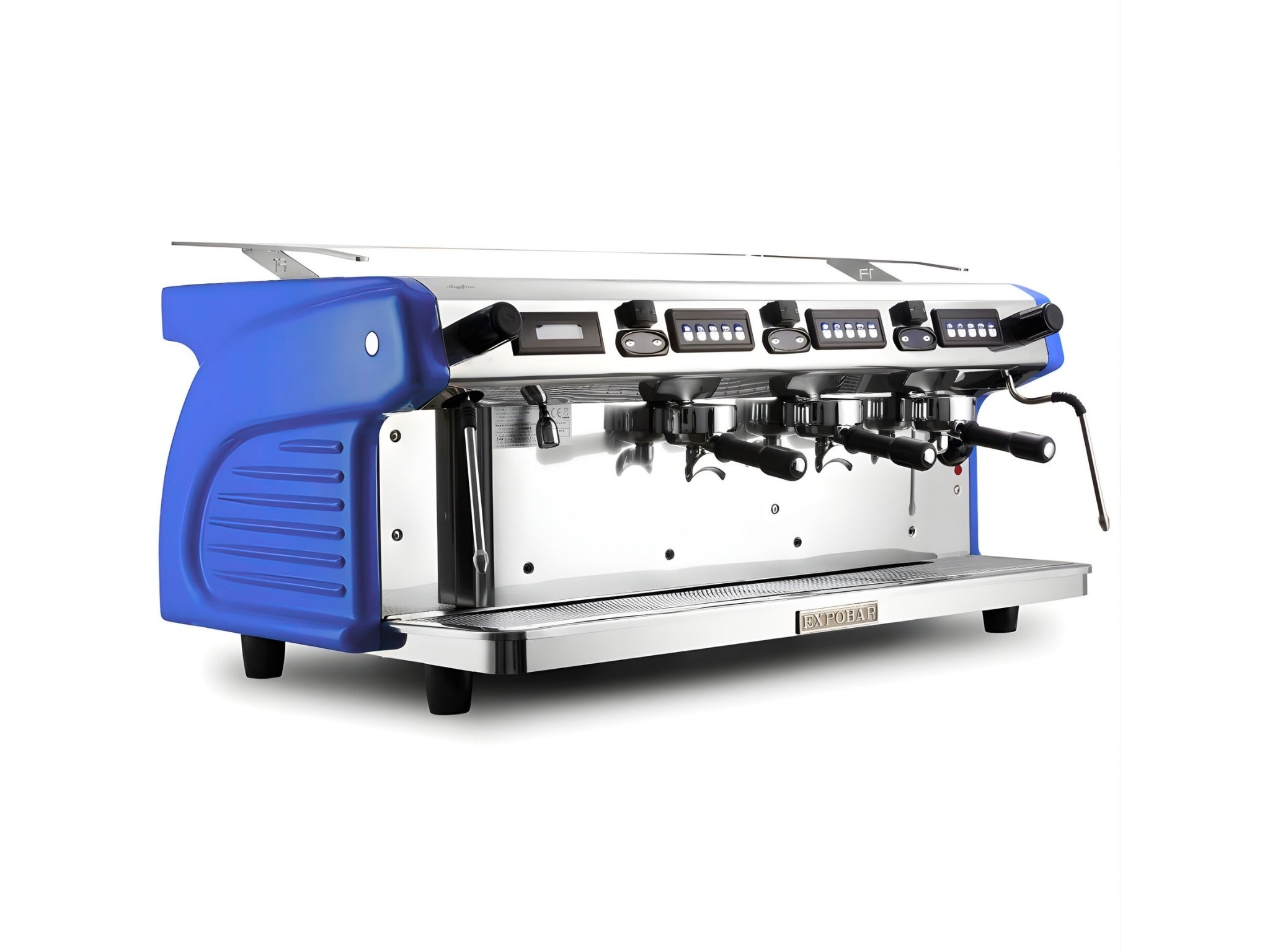 Expobar Ruggero Classic V2.0 3 Group Espresso Coffee Machine Dark Blue – New, angled view on a clean white background, showing fibreglass body, high cup group heads, dual steam wands, programmable keypad, and drip tray.