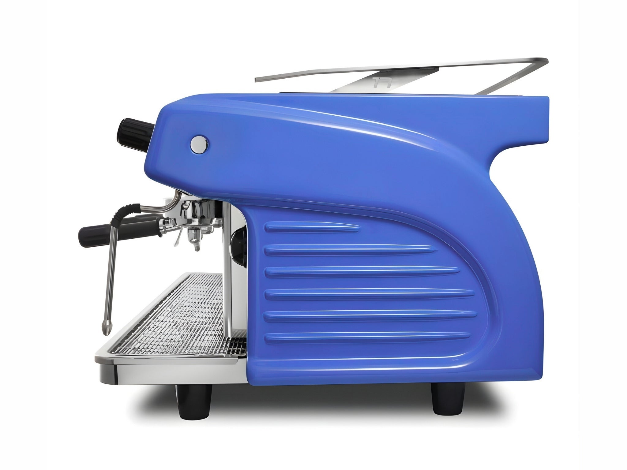 Expobar Ruggero Classic V2.0 3 Group Espresso Coffee Machine Dark Blue – New, side view on a white background, showing the fibreglass casing, high cup clearance, and dual steam wands.