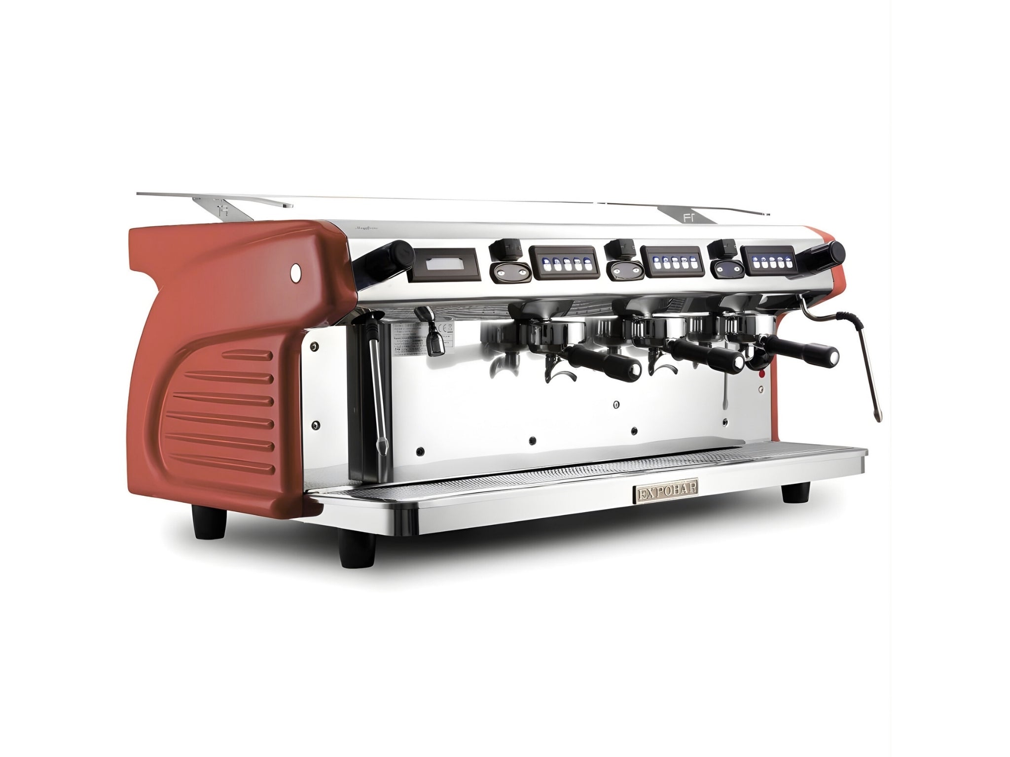 Expobar Ruggero Classic V2.0 3 Group Espresso Coffee Machine Dark Red – New, angled view on a clean white background, showing fibreglass body, high cup group heads, dual steam wands, programmable keypad, and drip tray.