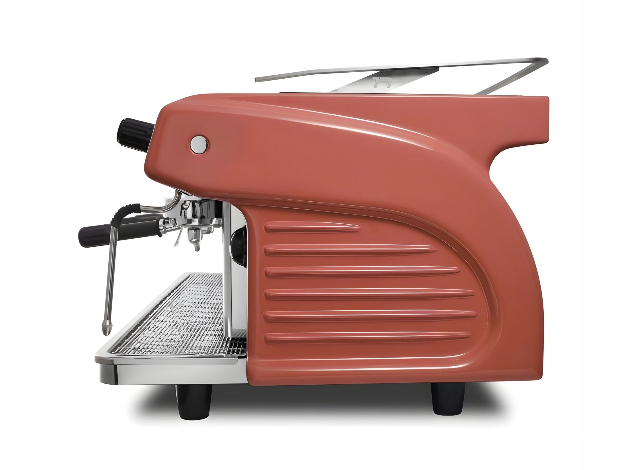 Expobar Ruggero Classic V2.0 3 Group Espresso Coffee Machine Dark Red – New, side view on a white background, showing the fibreglass casing, high cup clearance, and dual steam wands.