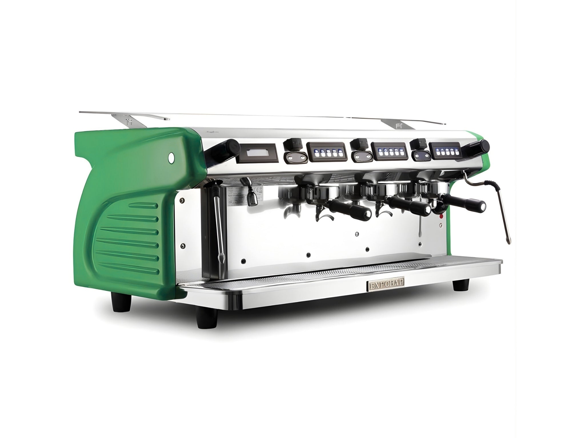 Expobar Ruggero Classic V2.0 3 Group Espresso Coffee Machine Green – New, angled view on a clean white background, showing fibreglass body, high cup group heads, dual steam wands, programmable keypad, and drip tray.