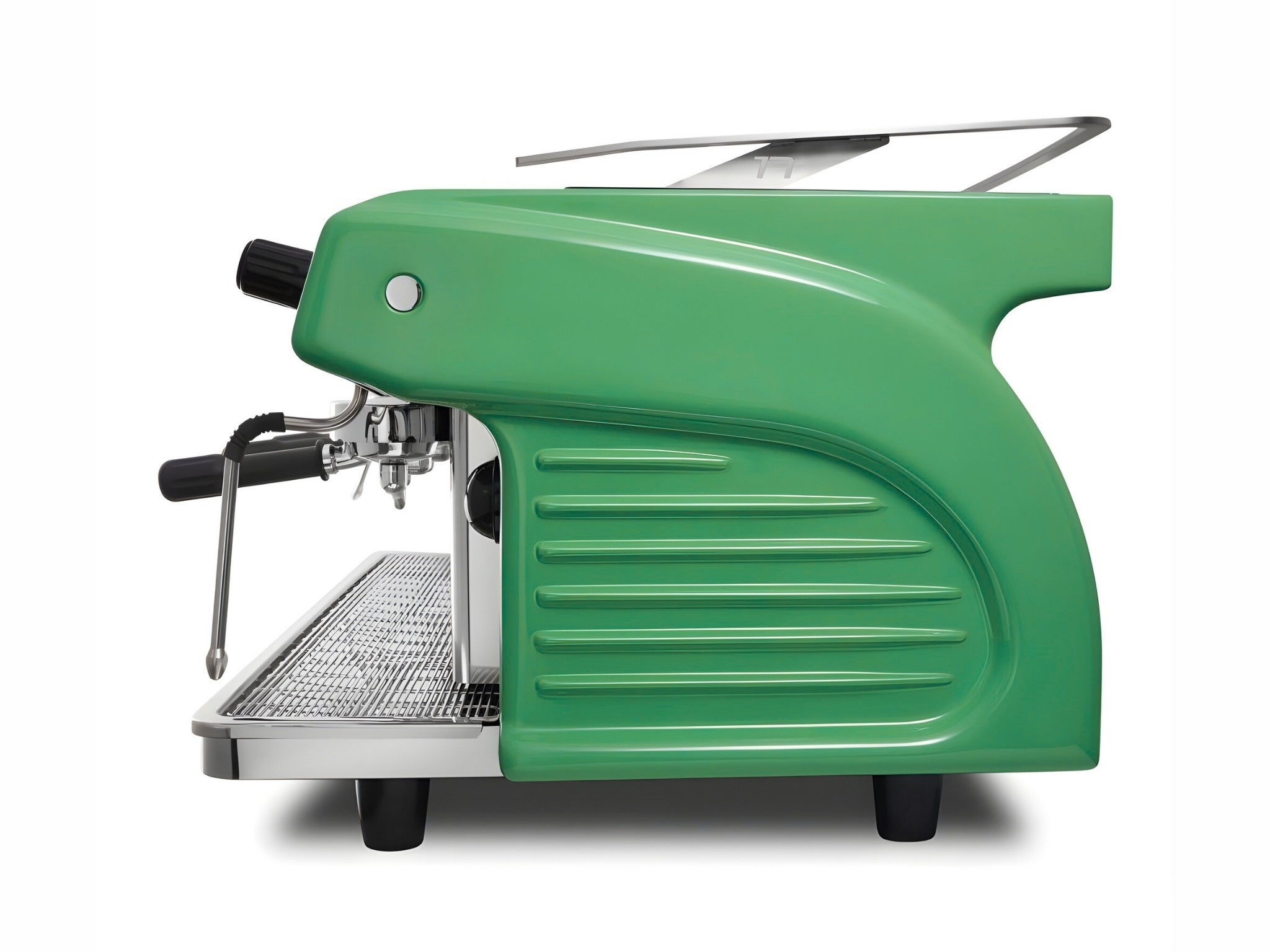 Expobar Ruggero Classic V2.0 3 Group Espresso Coffee Machine Green – New, side view on a white background, showing the fibreglass casing, high cup clearance, and dual steam wands.