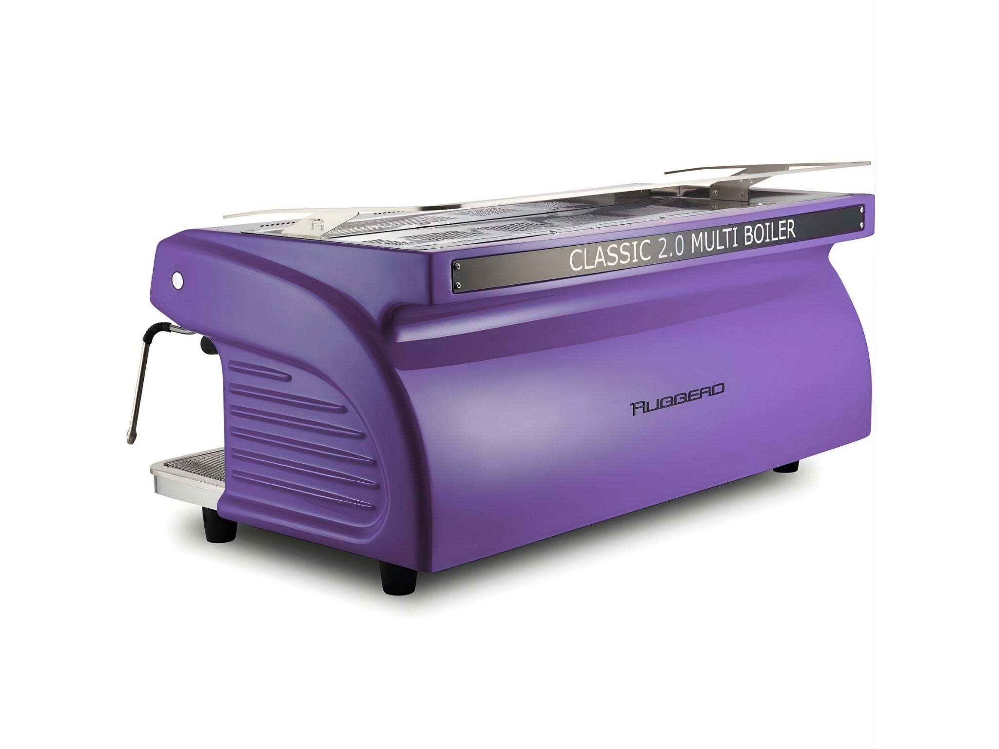 Expobar Ruggero Classic V2.0 3 Group Espresso Coffee Machine Purple – New, angled back view on a white background, showing the fibreglass body of the espresso coffee machine.