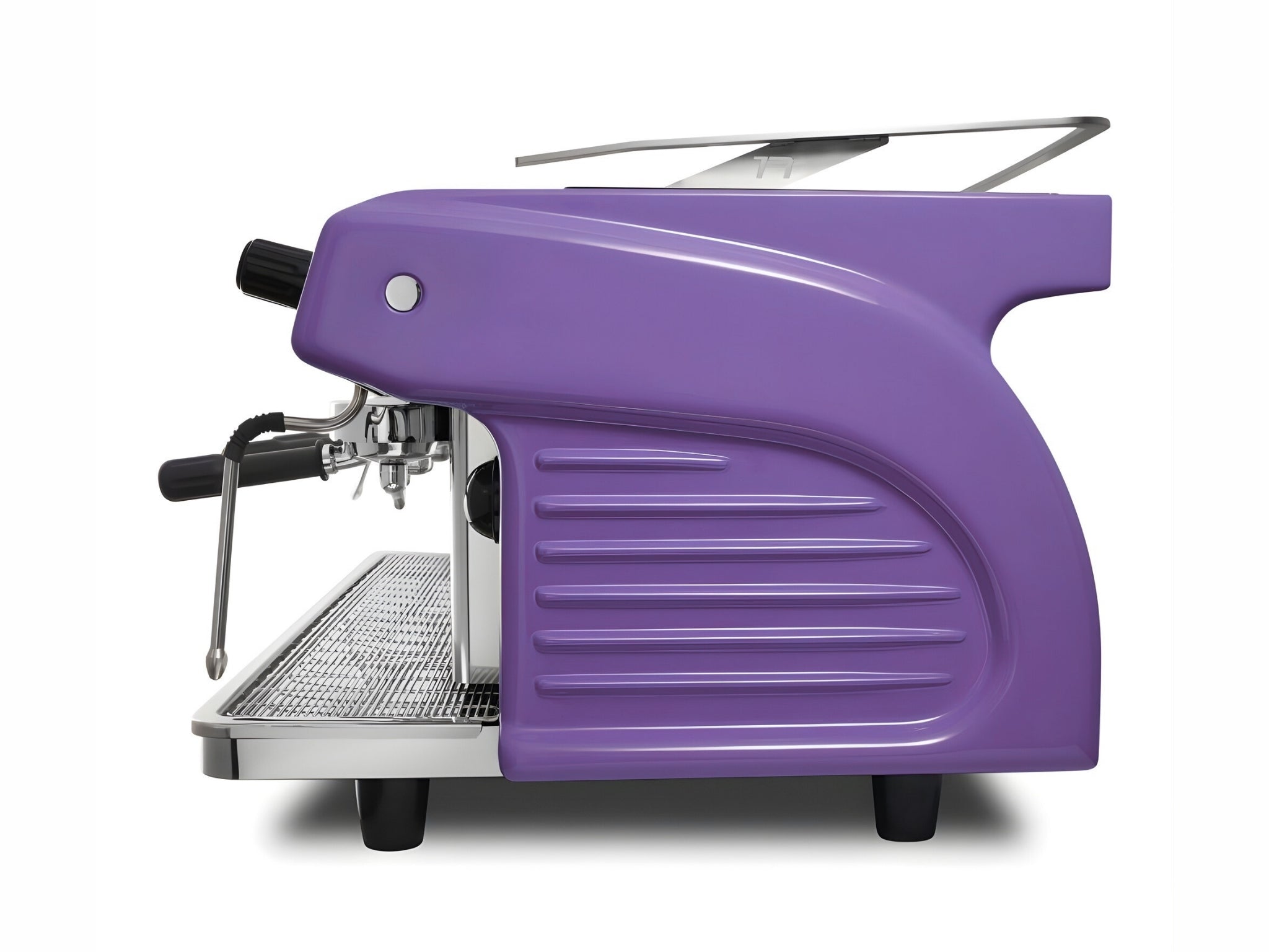 Expobar Ruggero Classic V2.0 3 Group Espresso Coffee Machine Purple – New, side view on a white background, showing the fibreglass casing, high cup clearance, and dual steam wands.