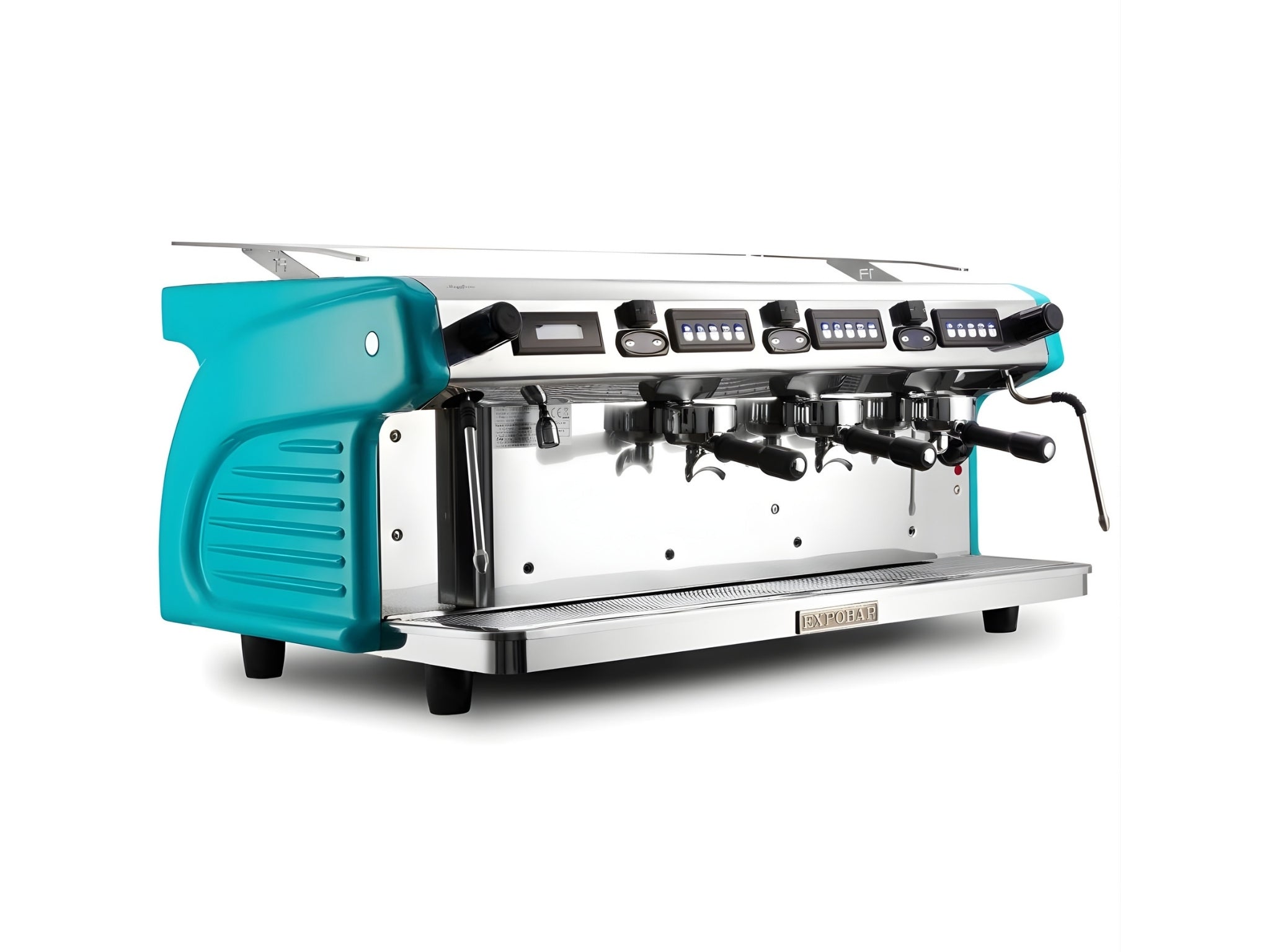 Expobar Ruggero Classic V2.0 3 Group Espresso Coffee Machine in teal, angled front view showing high cup clearance, dual steam wands, and illuminated signage.