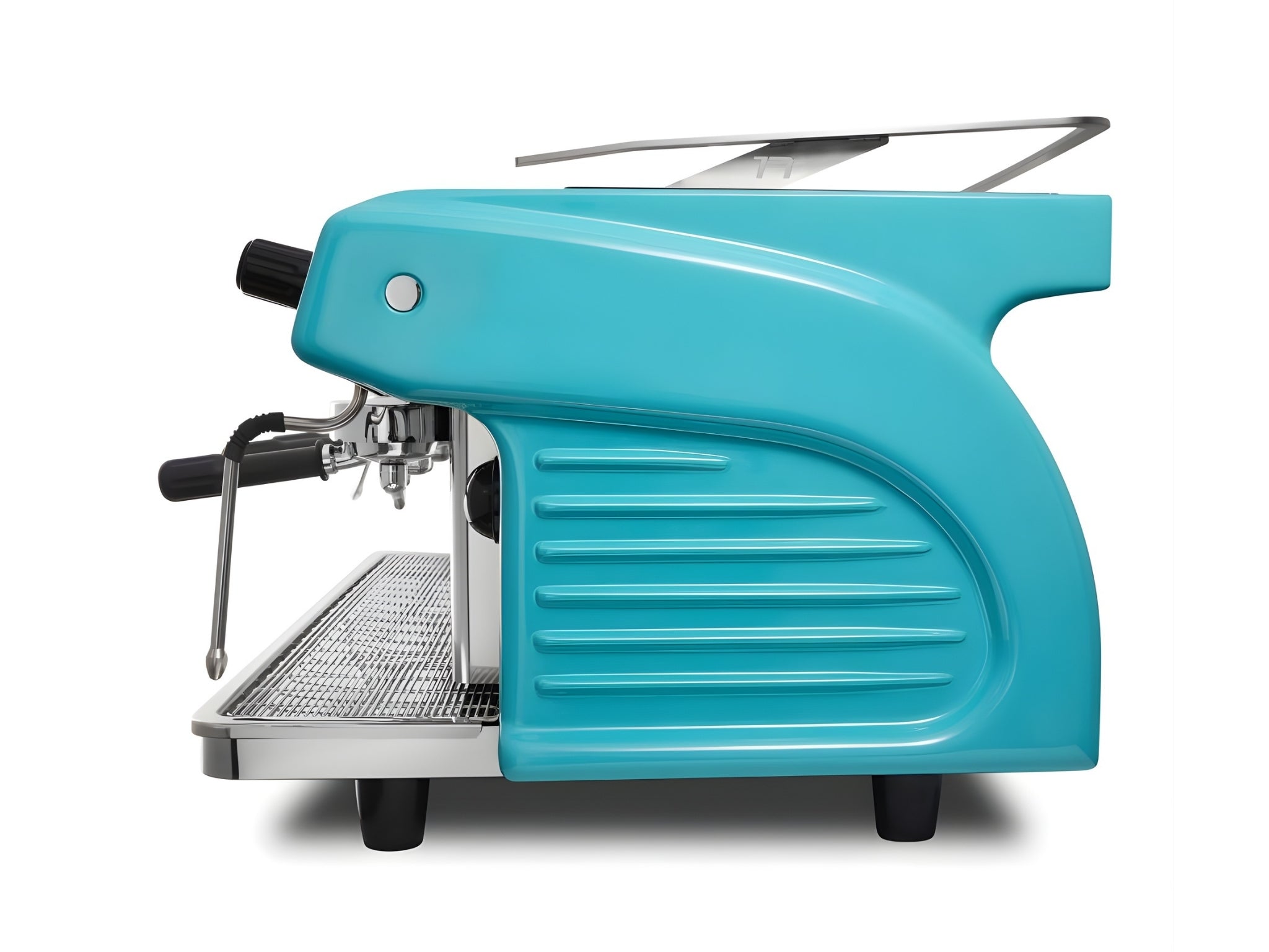 Side view of teal Expobar Ruggero Classic V2.0 3 Group Espresso Coffee Machine, displaying high cup clearance and sleek fibreglass design.