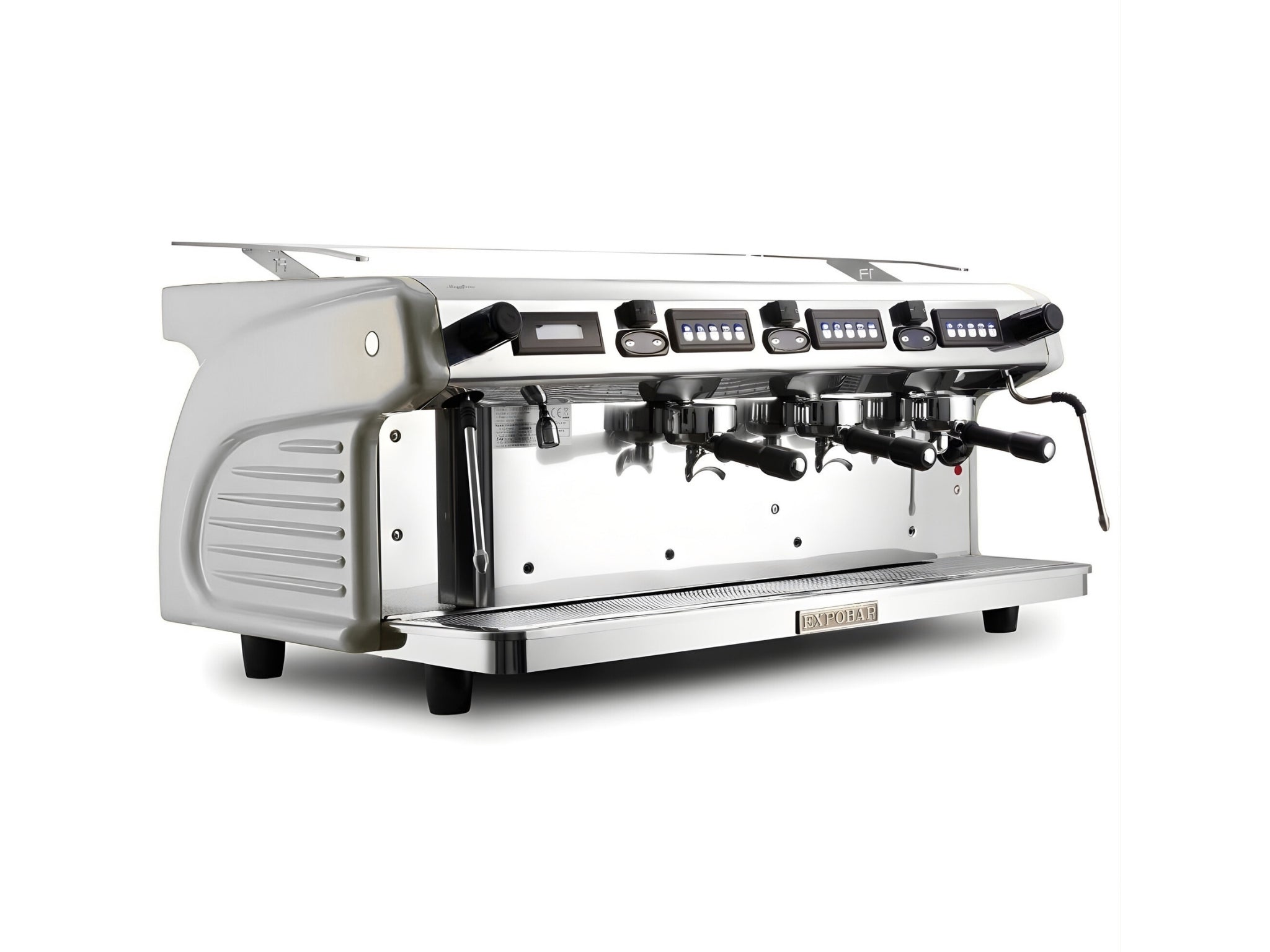 Expobar Ruggero Classic V2.0 3 Group Espresso Coffee Machine White – New, angled view on a clean white background, showing fibreglass body, high cup group heads, dual steam wands, programmable keypad, and drip tray.