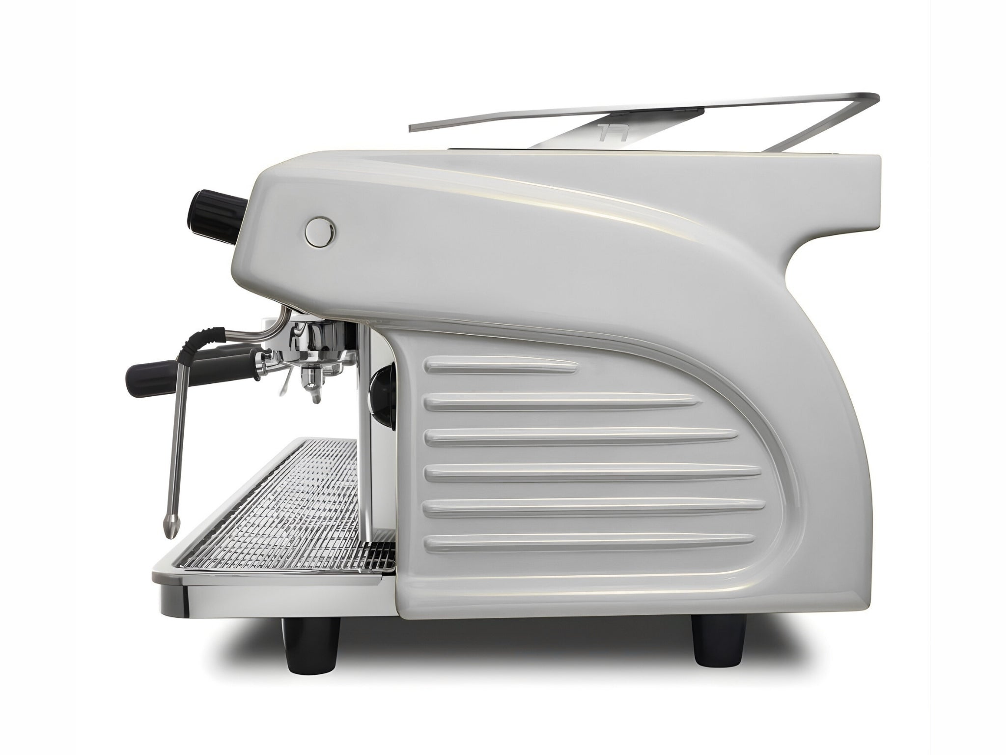 Expobar Ruggero Classic V2.0 3 Group Espresso Coffee Machine White – New, side view on a white background, showing the fibreglass casing, high cup clearance, and dual steam wands.