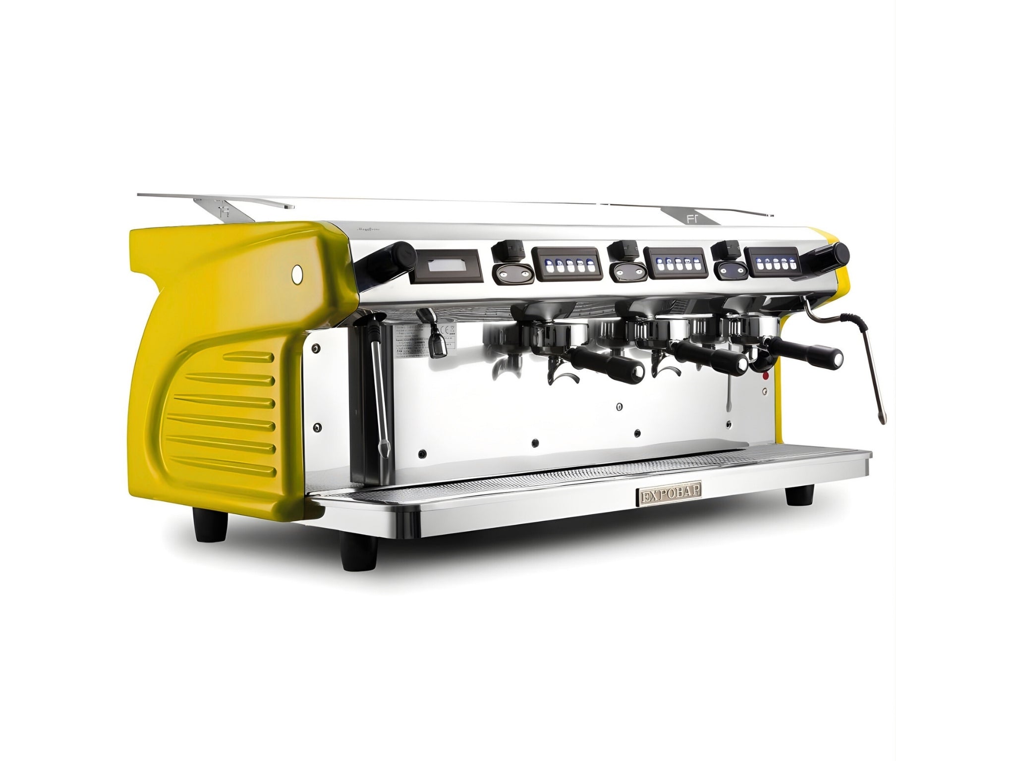 Expobar Ruggero Classic V2.0 3 Group Espresso Coffee Machine Yellow – New, angled view on a clean white background, showing fibreglass body, high cup group heads, dual steam wands, programmable keypad, and drip tray.