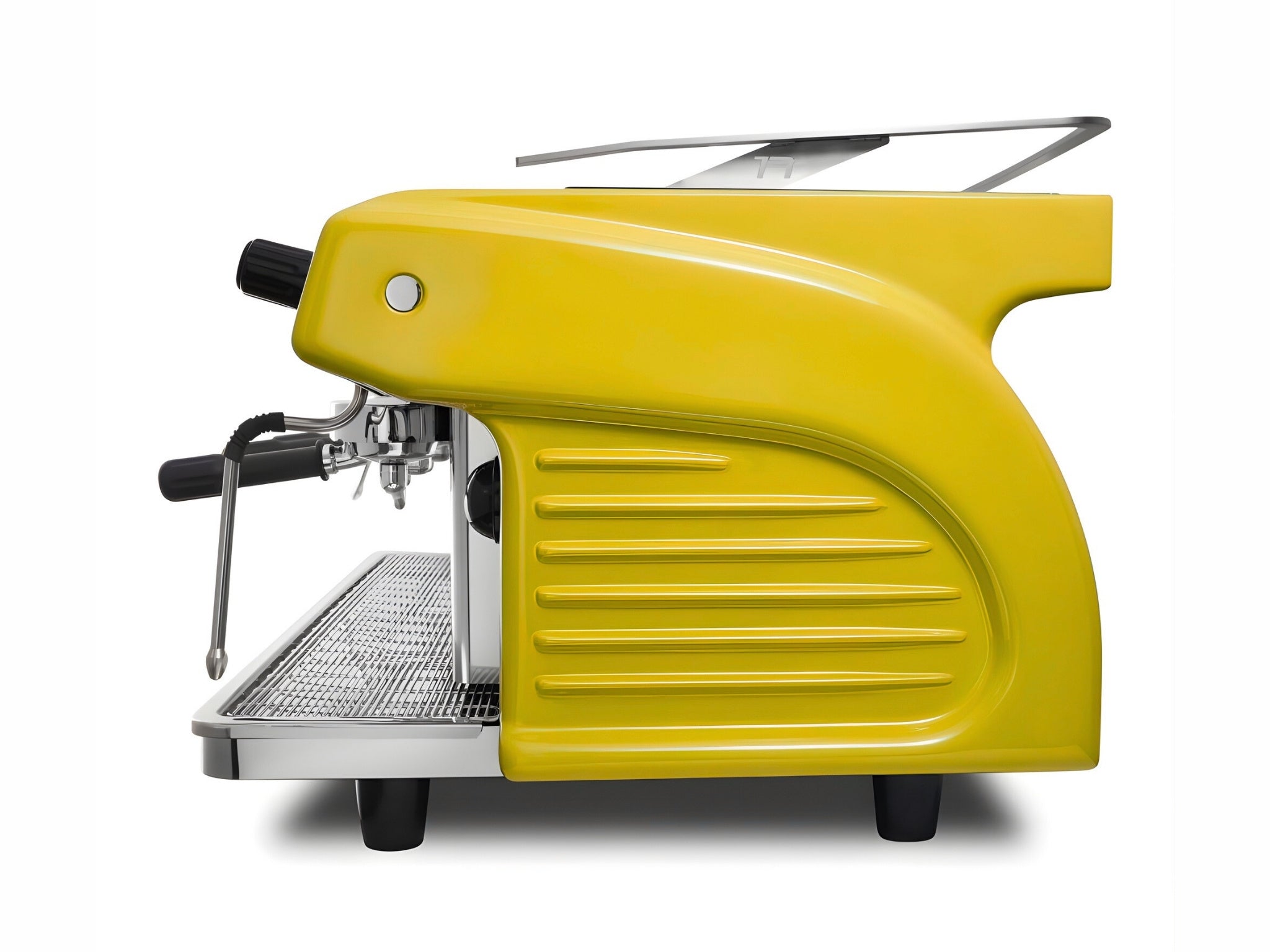 Expobar Ruggero Classic V2.0 3 Group Espresso Coffee Machine Yellow – New, side view on a white background, showing the fibreglass casing, high cup clearance, and dual steam wands.
