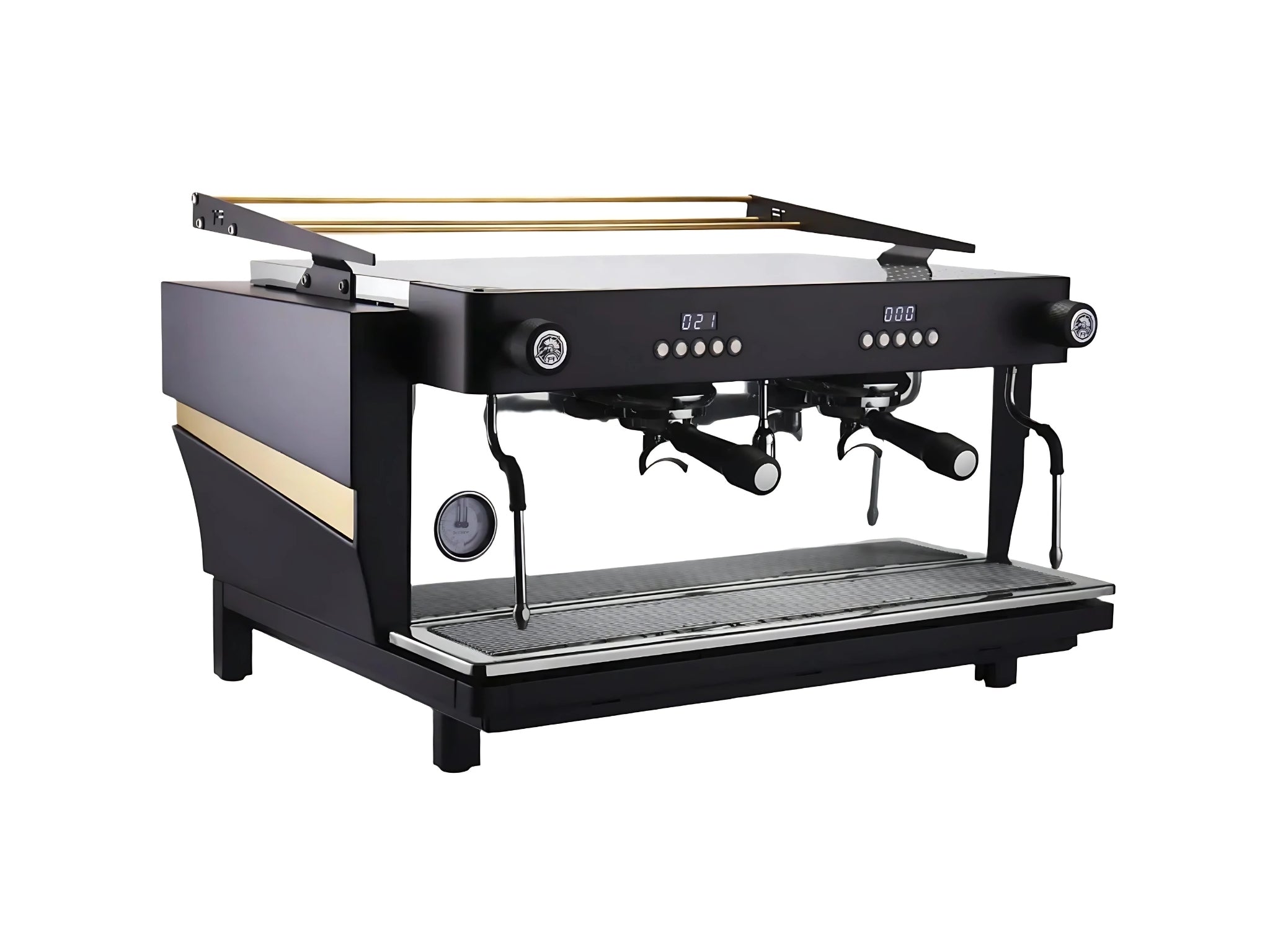 Expobar Ruggero JS80 2 Group Coffee Machine Black – New shown from a slightly elevated front-on view against a white background. This angle reveals the top panel, cup tray, and front-facing components of the espresso machine, including group heads and steam knobs, all in a matte black finish.