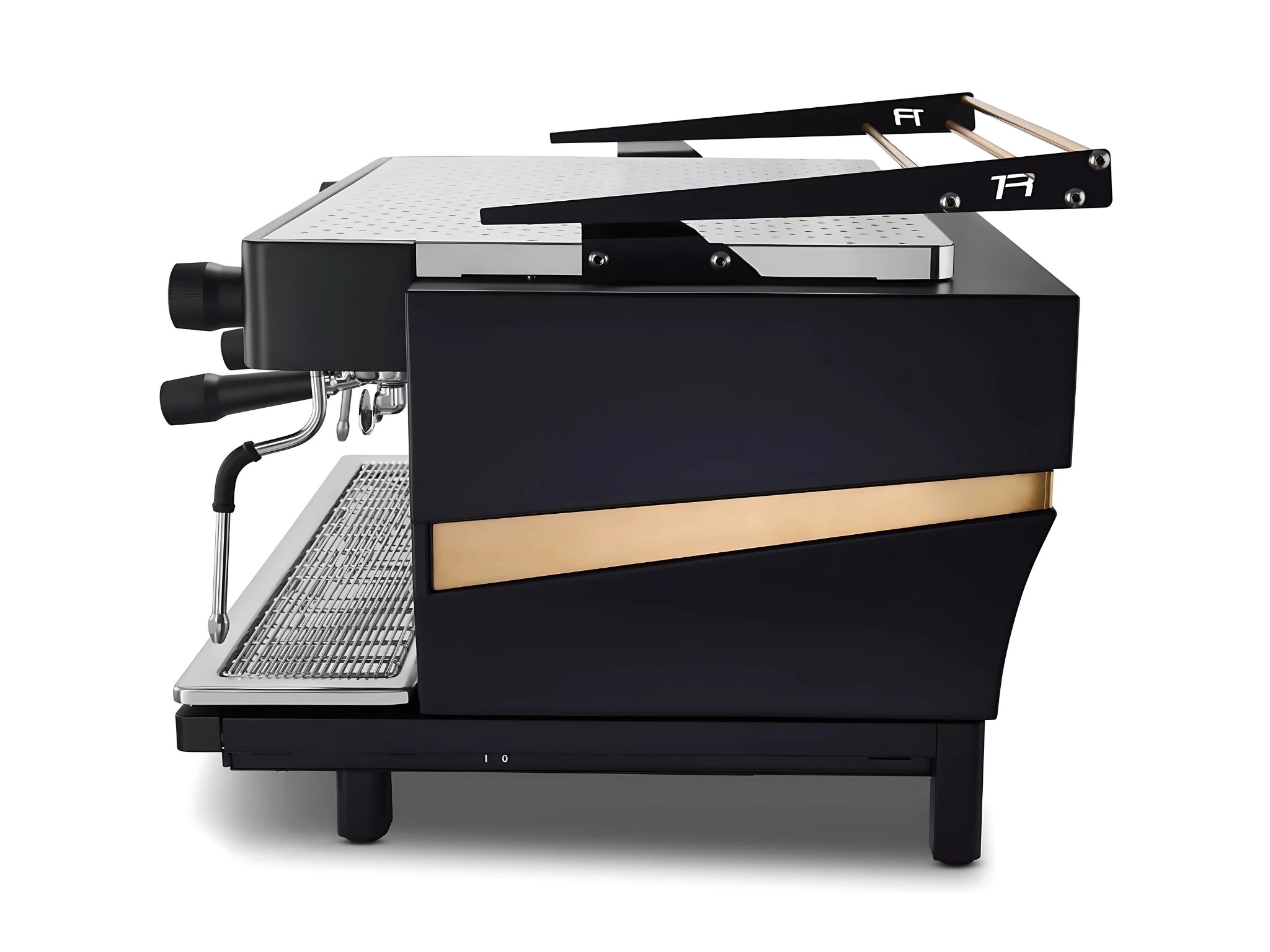 Expobar Ruggero JS80 2 Group Coffee Machine Black – New shown from the side on a white background. The side profile of the espresso coffee machine displays its matte black housing, rear curve, and the protruding steam wand, reflecting its space-efficient and modern body design.