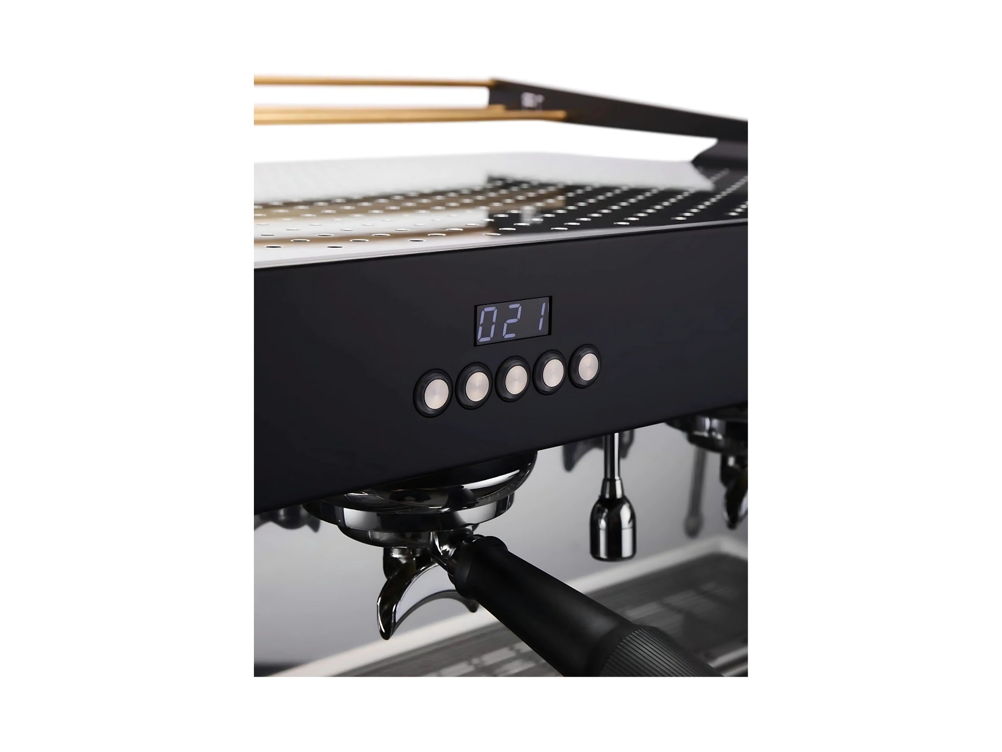 Expobar Ruggero JS80 2 Group Coffee Machine Black – New shown in a close-up front-facing view against a clean white background. This espresso coffee machine highlights one group head, shot timer, and control buttons, showcasing the user-friendly layout and precise espresso functionality.