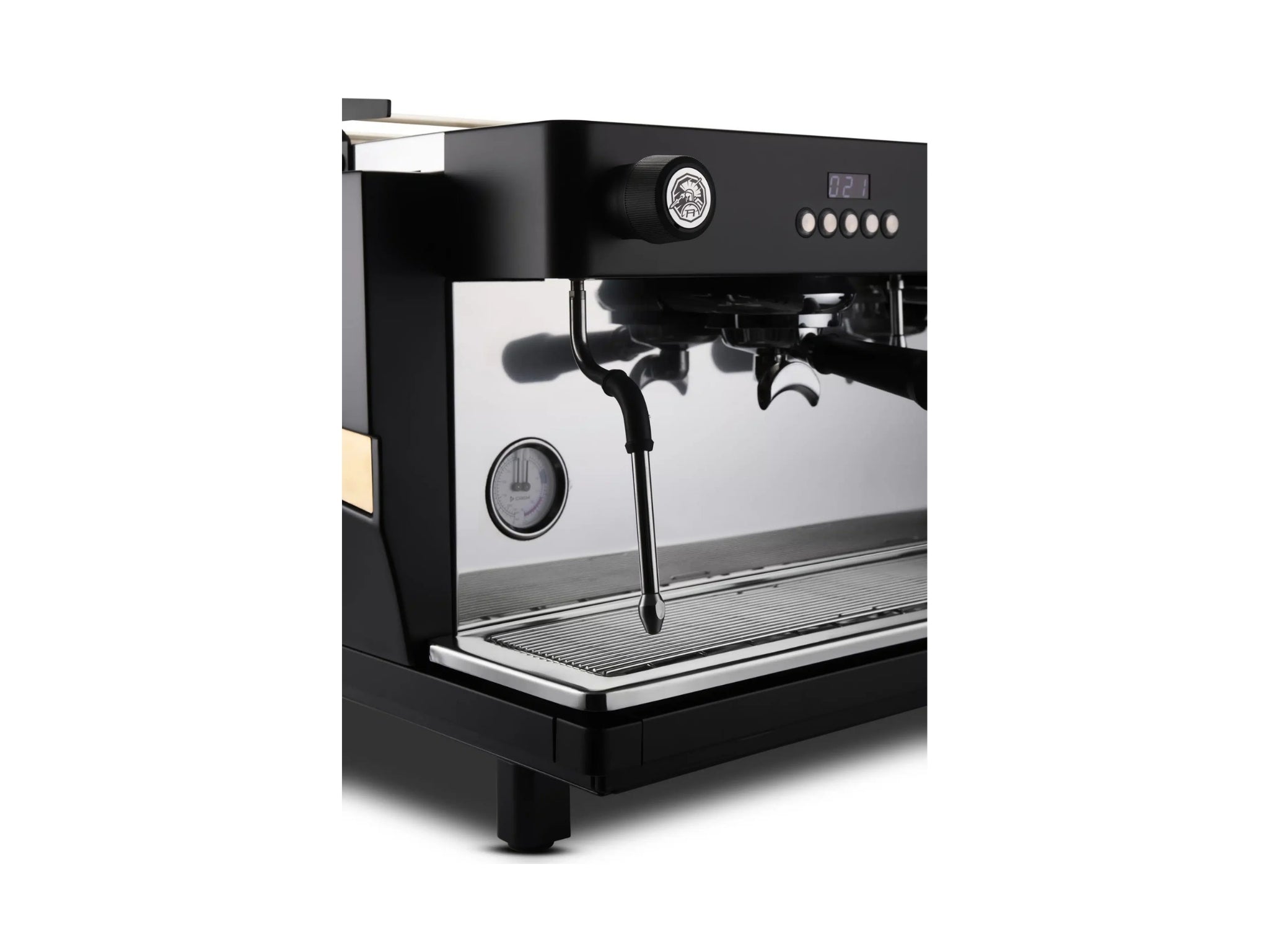 Expobar Ruggero JS80 2 Group Coffee Machine Black – New displayed in a close-up cropped side-angle view against a clean white background. This espresso coffee machine features the steam wand and quarter turn steam knob, offering a focused view of the machine’s intuitive steam control components.