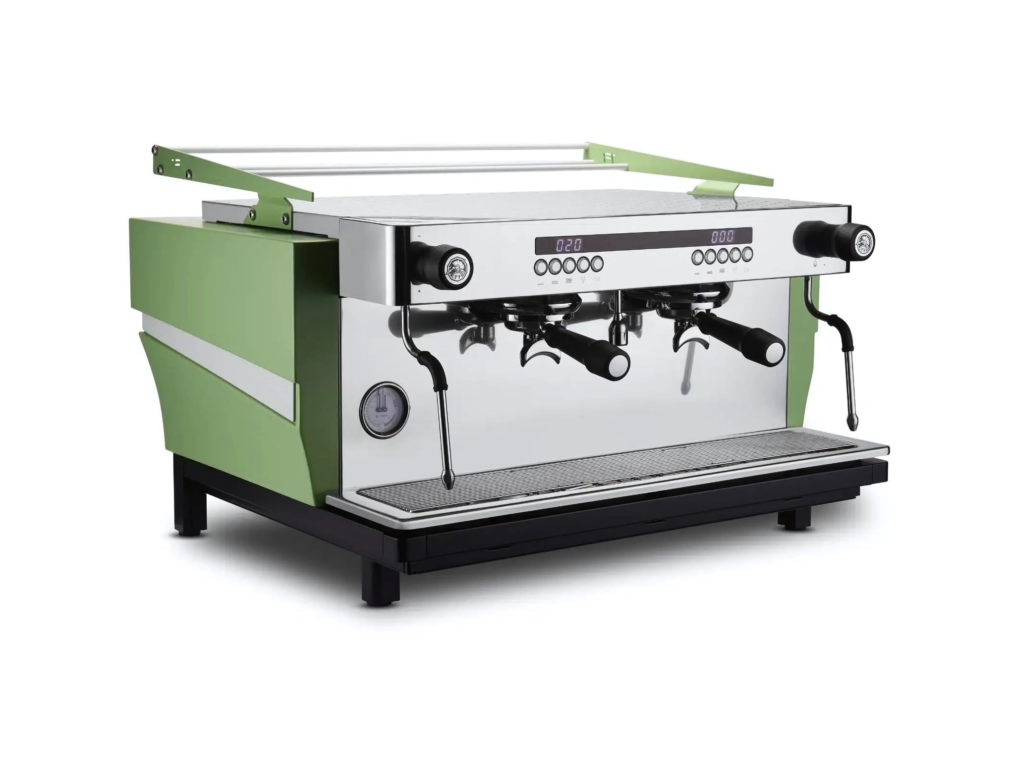 Expobar Ruggero JS80 2 Group Coffee Machine Green – New shown at a front-left angle against a clean white background. This commercial espresso coffee machine features a green body, high cup group heads, dual steam wands, and quarter turn steam taps.