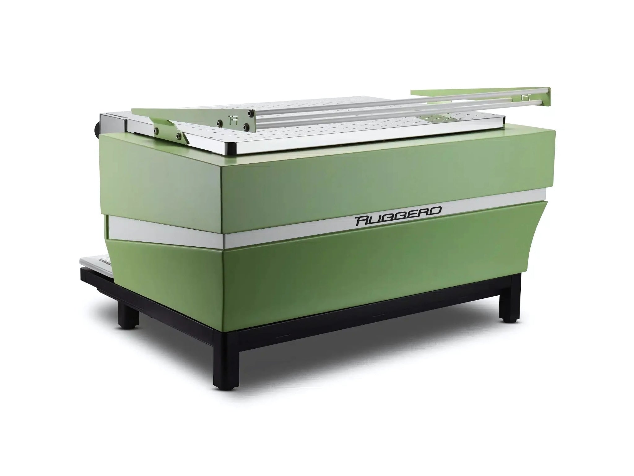 Expobar Ruggero JS80 2 Group Coffee Machine Green – New pictured from a rear angle, showing both the green back panel and side profile. Built for commercial espresso use with a durable and clean finish.