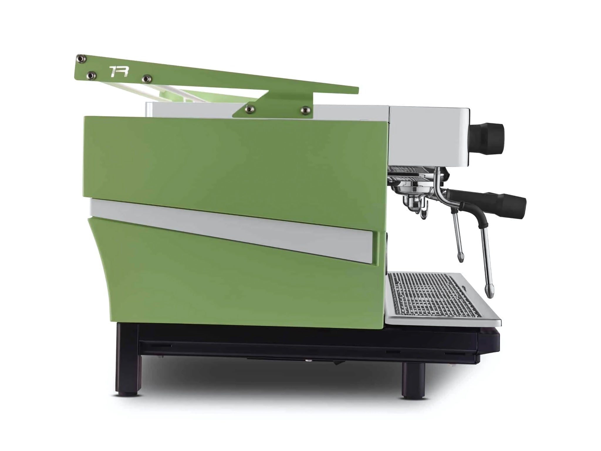 Expobar Ruggero JS80 2 Group Coffee Machine Green – New shown in a direct side view. The espresso machine’s green side panel and shape are clearly visible, along with the rear edge and part of the control area.