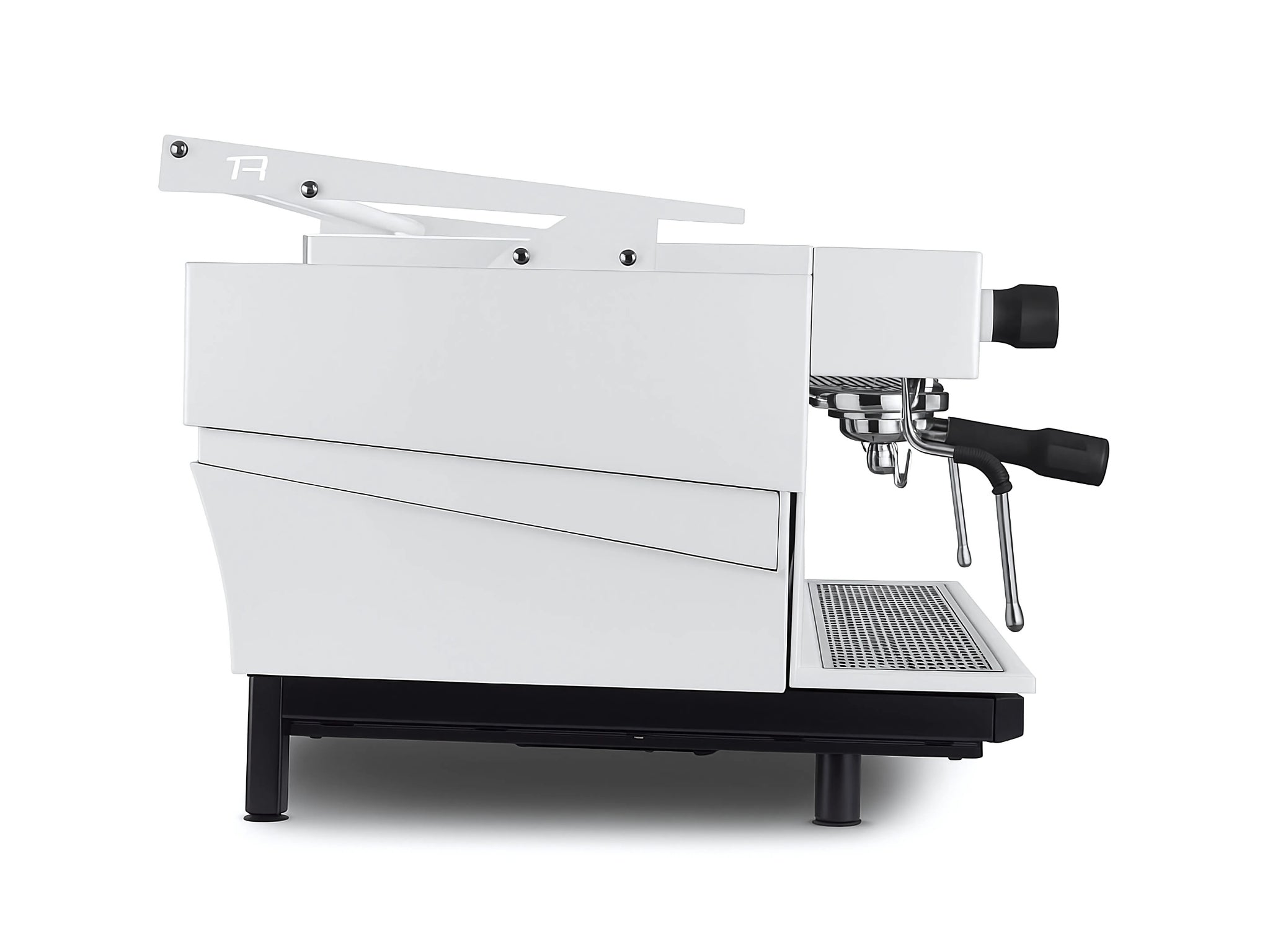 Expobar Ruggero JS80 2 Group Coffee Machine White – New espresso machine captured from the side. Showcases the body shape, white finish, and compact frame design.