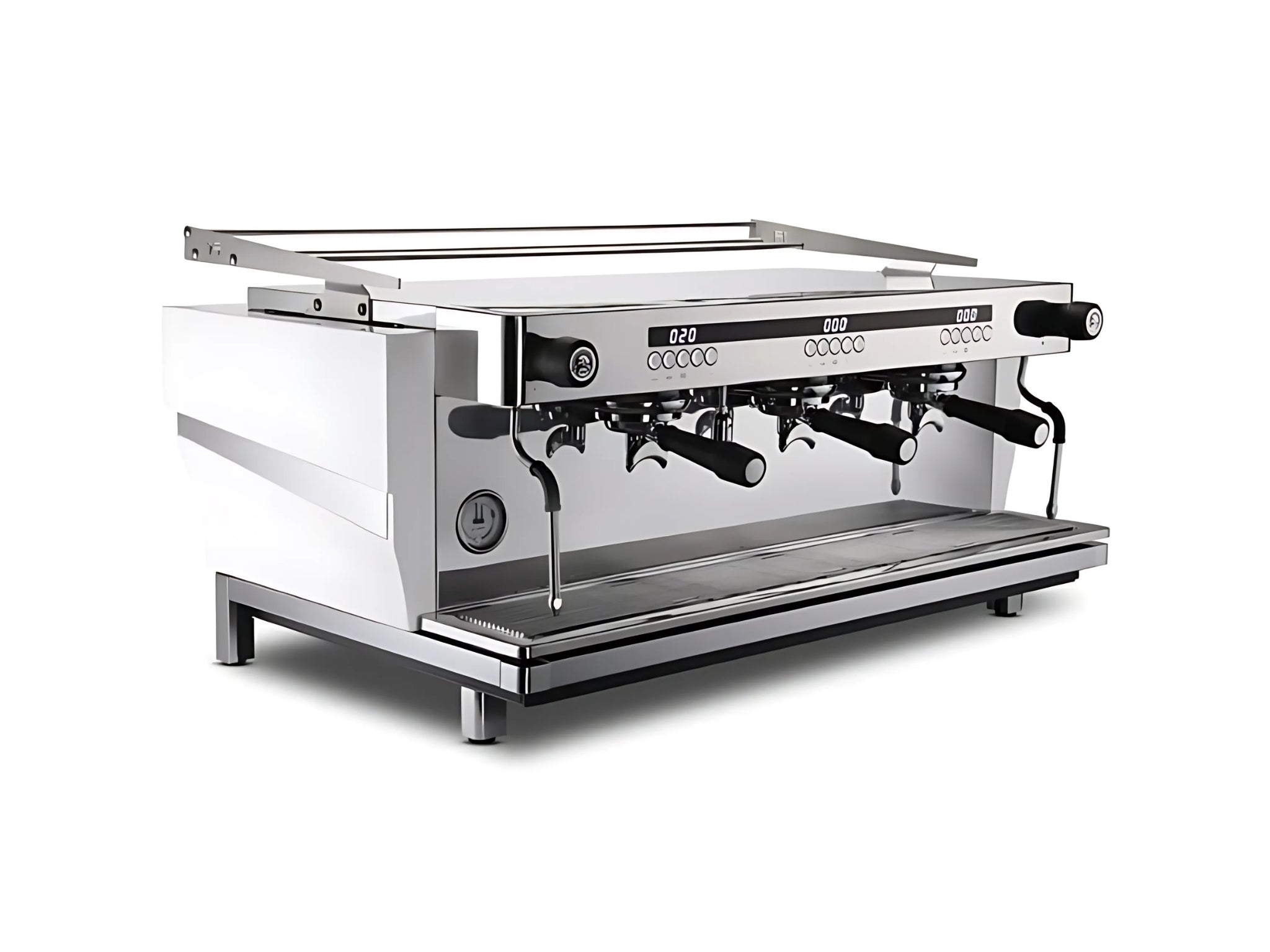 Expobar Ruggero JS80 3 Group Coffee Machine White – New shown from a front-left angle against a clean white background. The espresso coffee machine features a white exterior, high cup group heads, steam wands, and quarter-turn steam knobs.