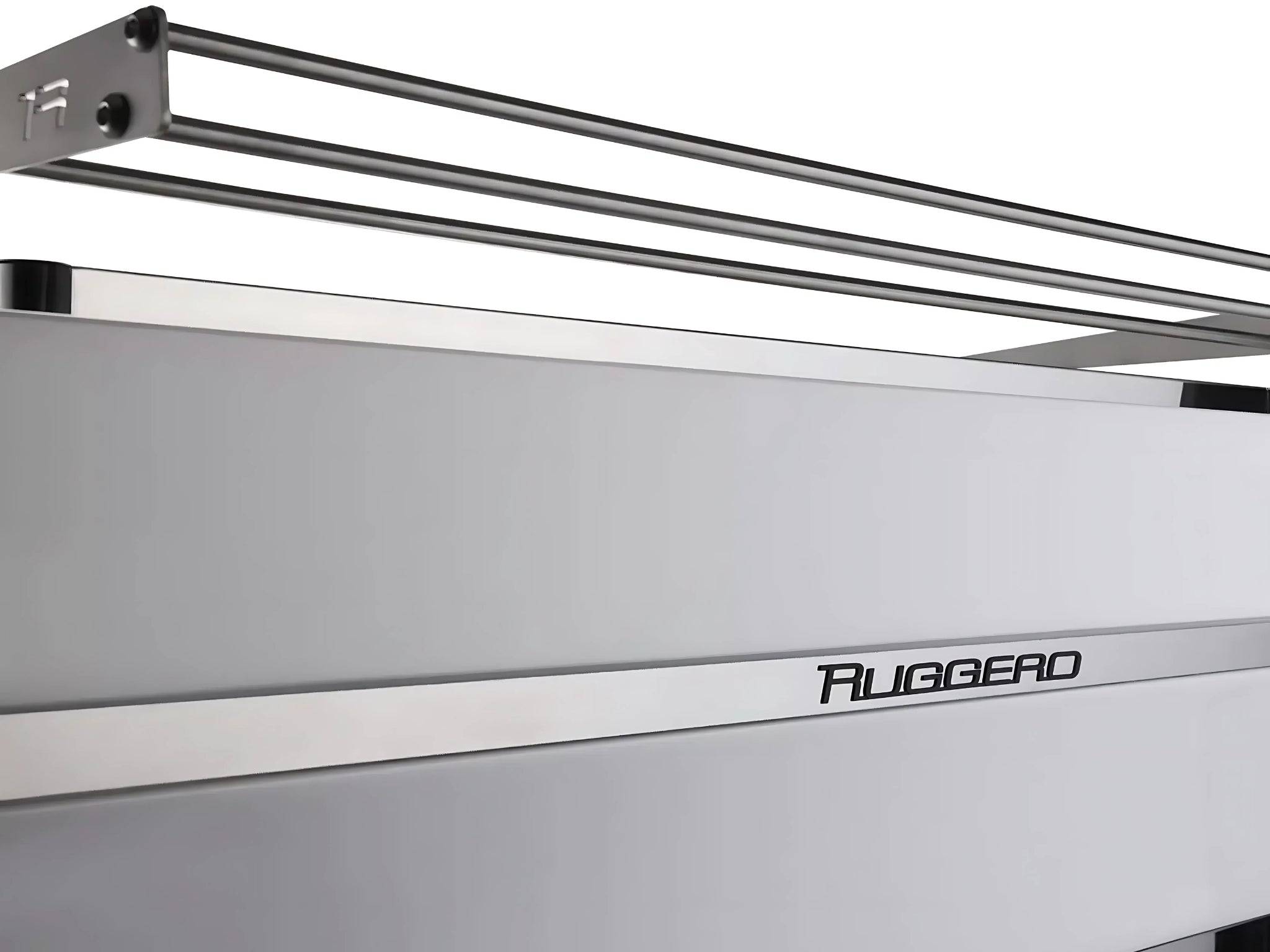 Expobar Ruggero JS80 3 Group Coffee Machine White – New shown in a close-up angled rear view against a clean white background. The espresso coffee machine’s minimalist white back panel and corner detailing are clearly visible, highlighting its sleek and professional design.