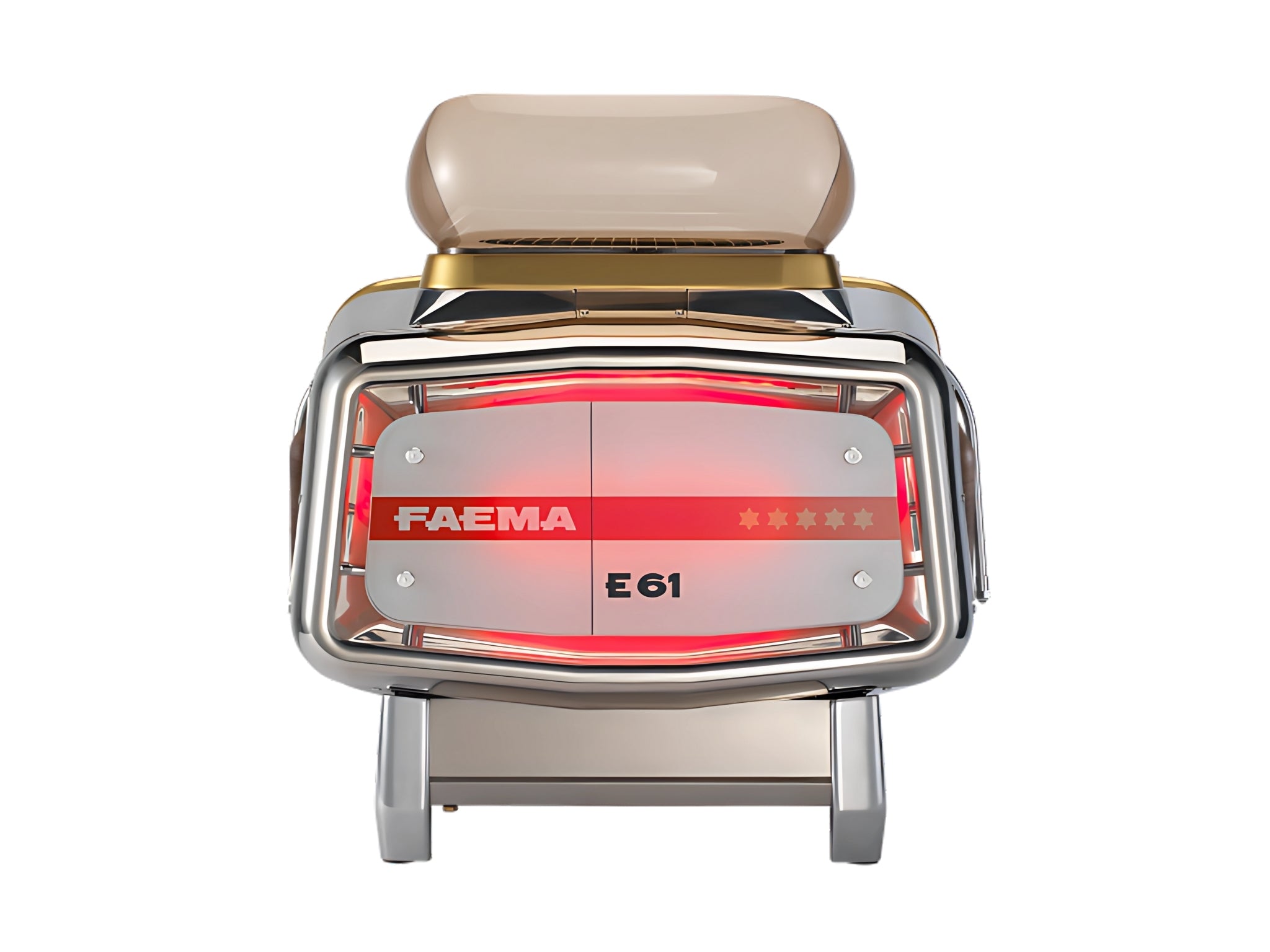 A brand new Faema E61 Jubilee Special Anniversary Edition 1 Group Coffee Machine with Stainless finish on a white background. The machine is photographed from behind, the back panel of the machine is visible with the logo.
