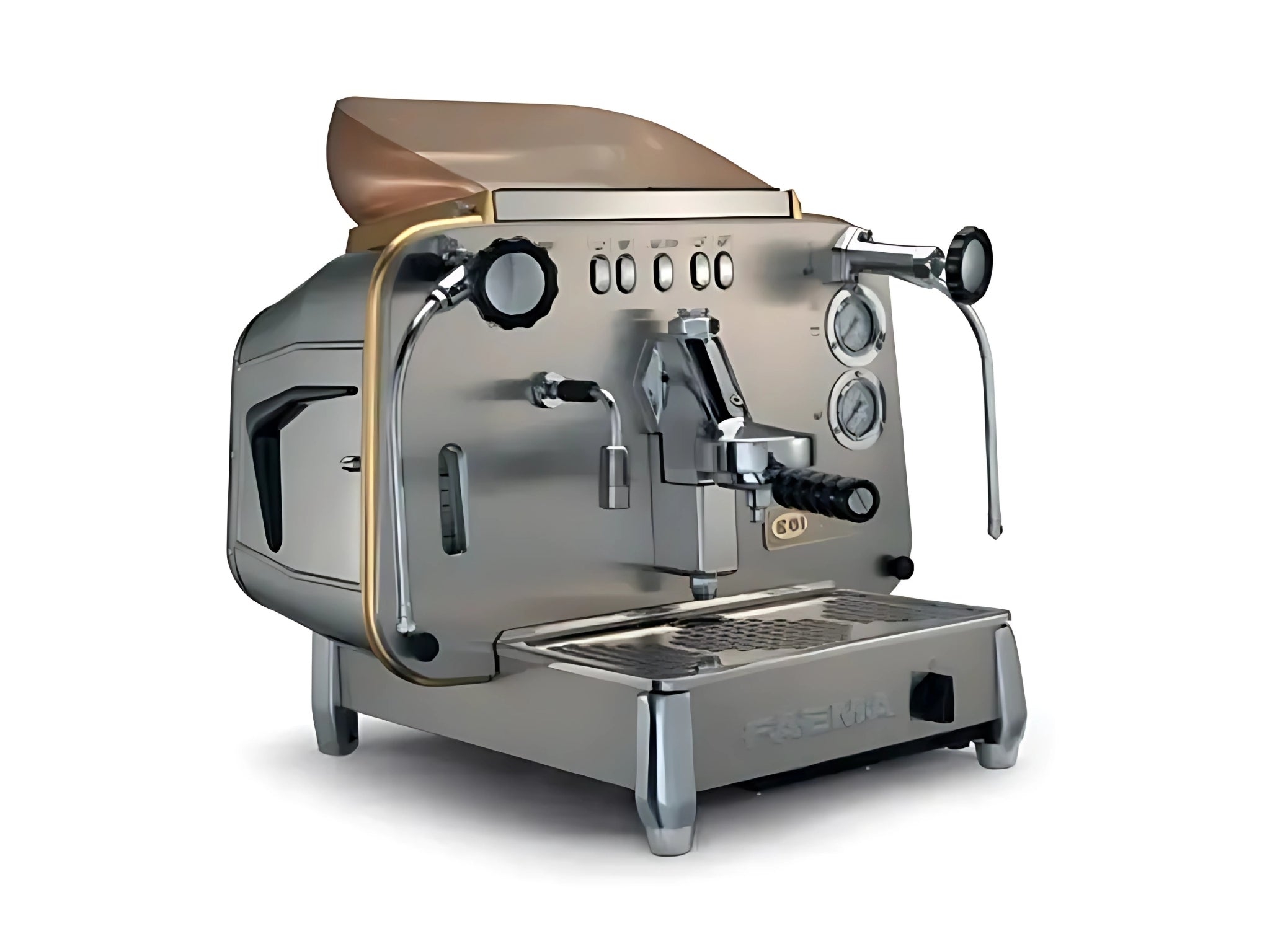 A brand new Faema E61 Jubilee Special Anniversary Edition 1 Group Coffee Machine with Stainless finish on a white background. The machine is photographed on an angle and the front and side of the machine is visible.