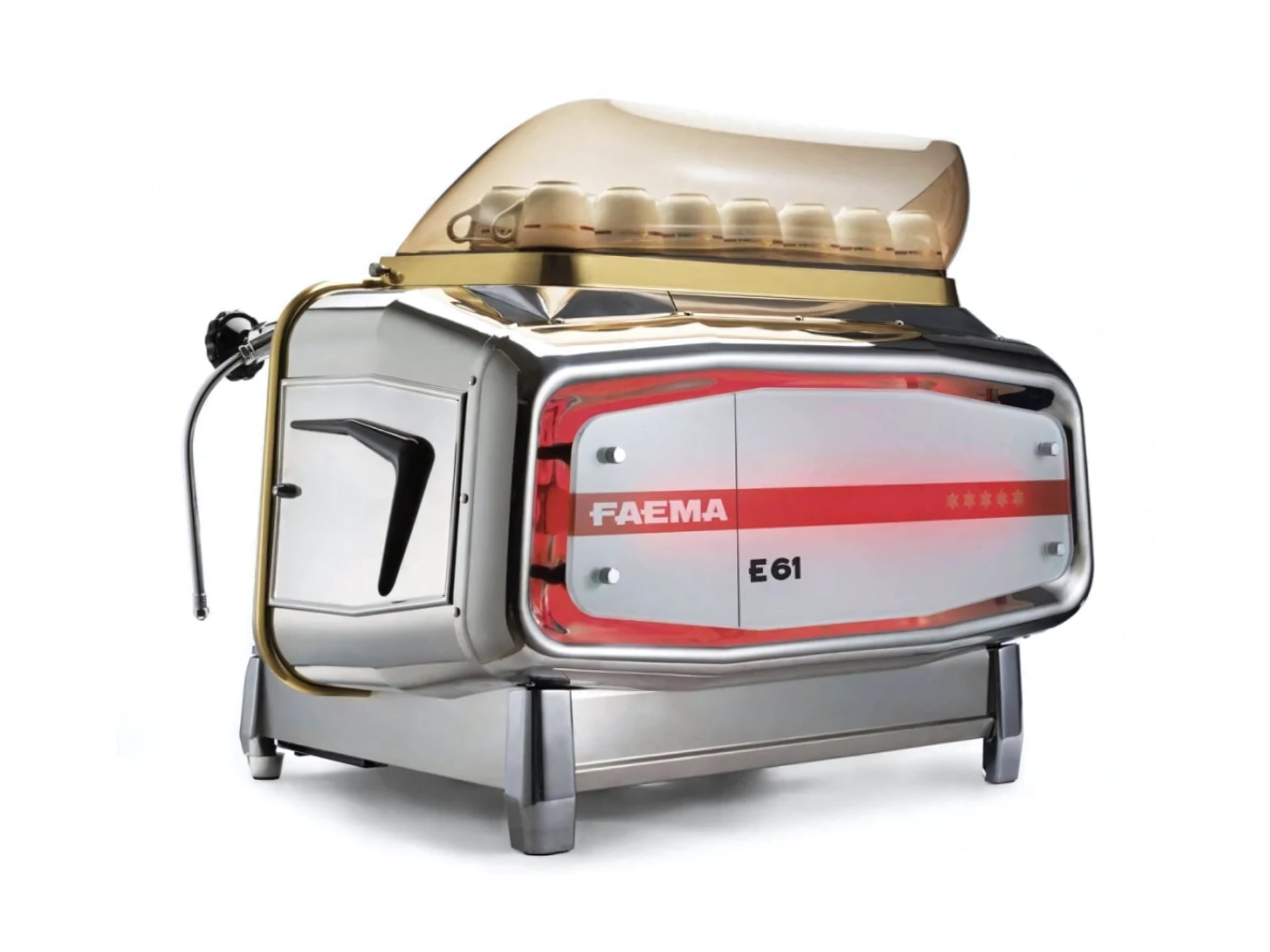 A brand new Faema E61 Jubilee Special Anniversary Edition 2 Group Coffee Machine with Stainless and gold finish on a white background. The machine is photographed from behind the machine and the back and side of the machine is visible.