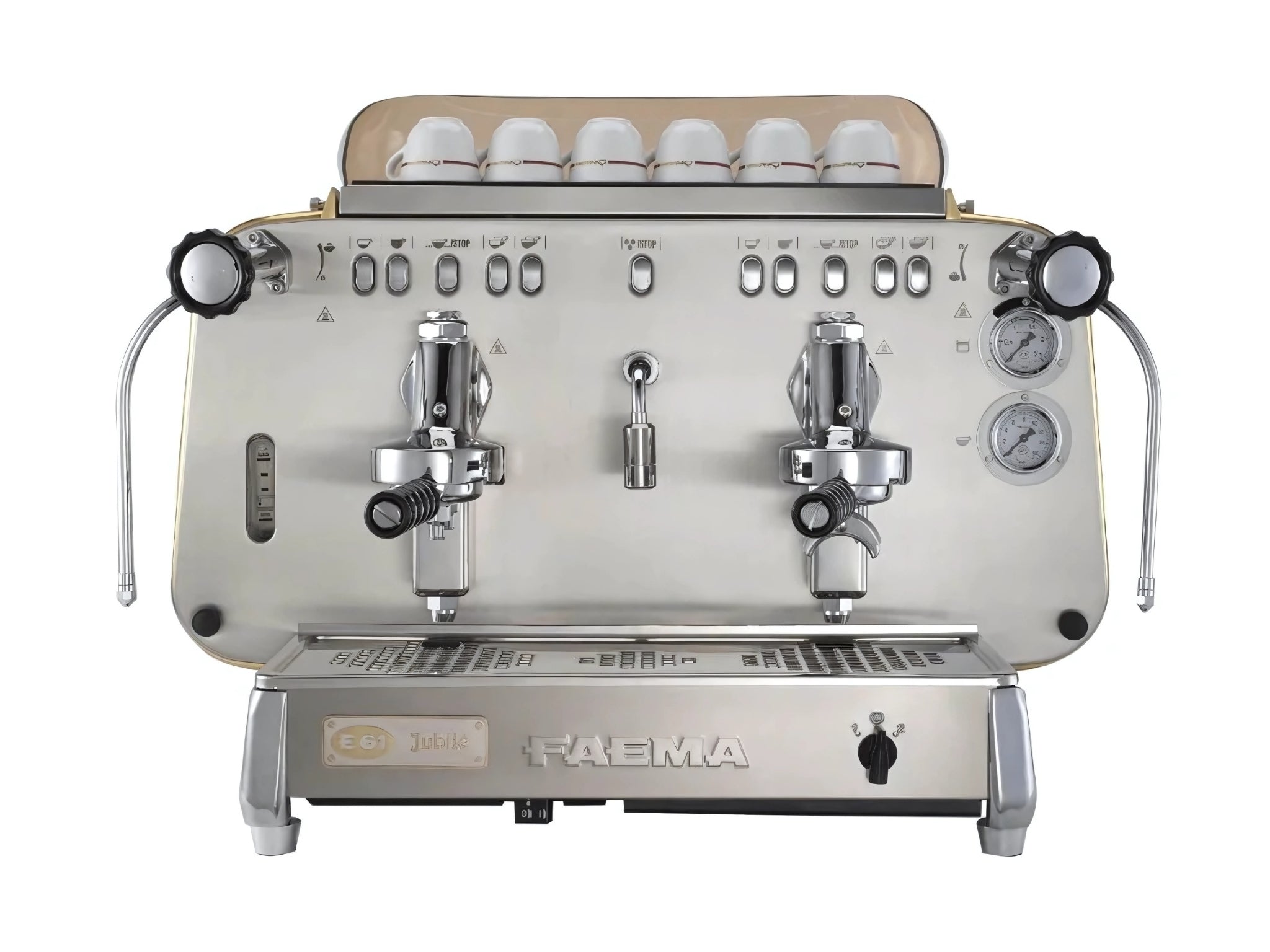 A brand new Faema E61 Jubilee Special Anniversary Edition 2 Group Coffee Machine with Stainless and gold finish on a white background. The machine is photographed front making the controls and group heads visible.