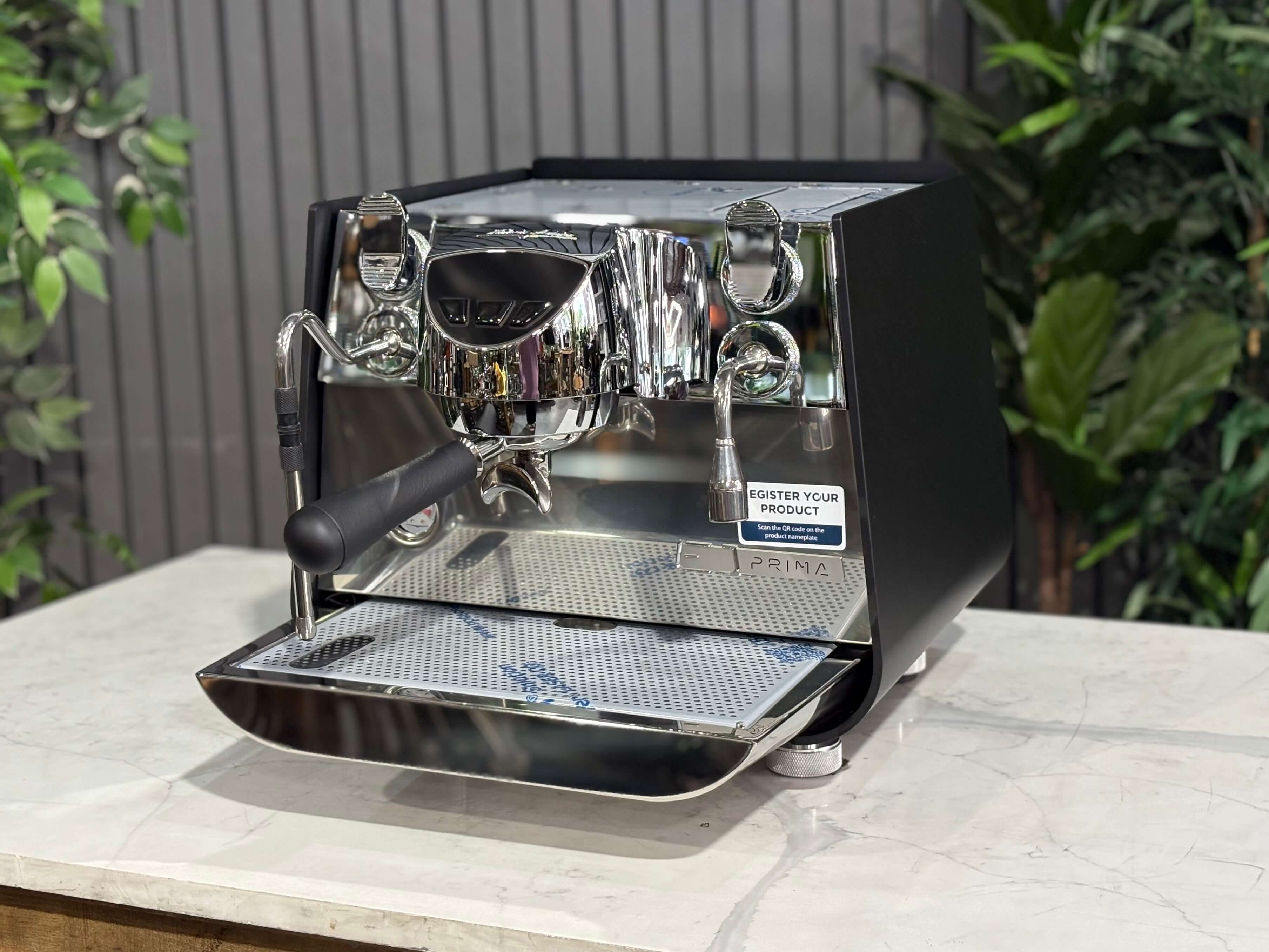 Victoria Arduino Eagle One Prima 1 Group Coffee Machine Black - New on a countertop with sleek stainless steel design.